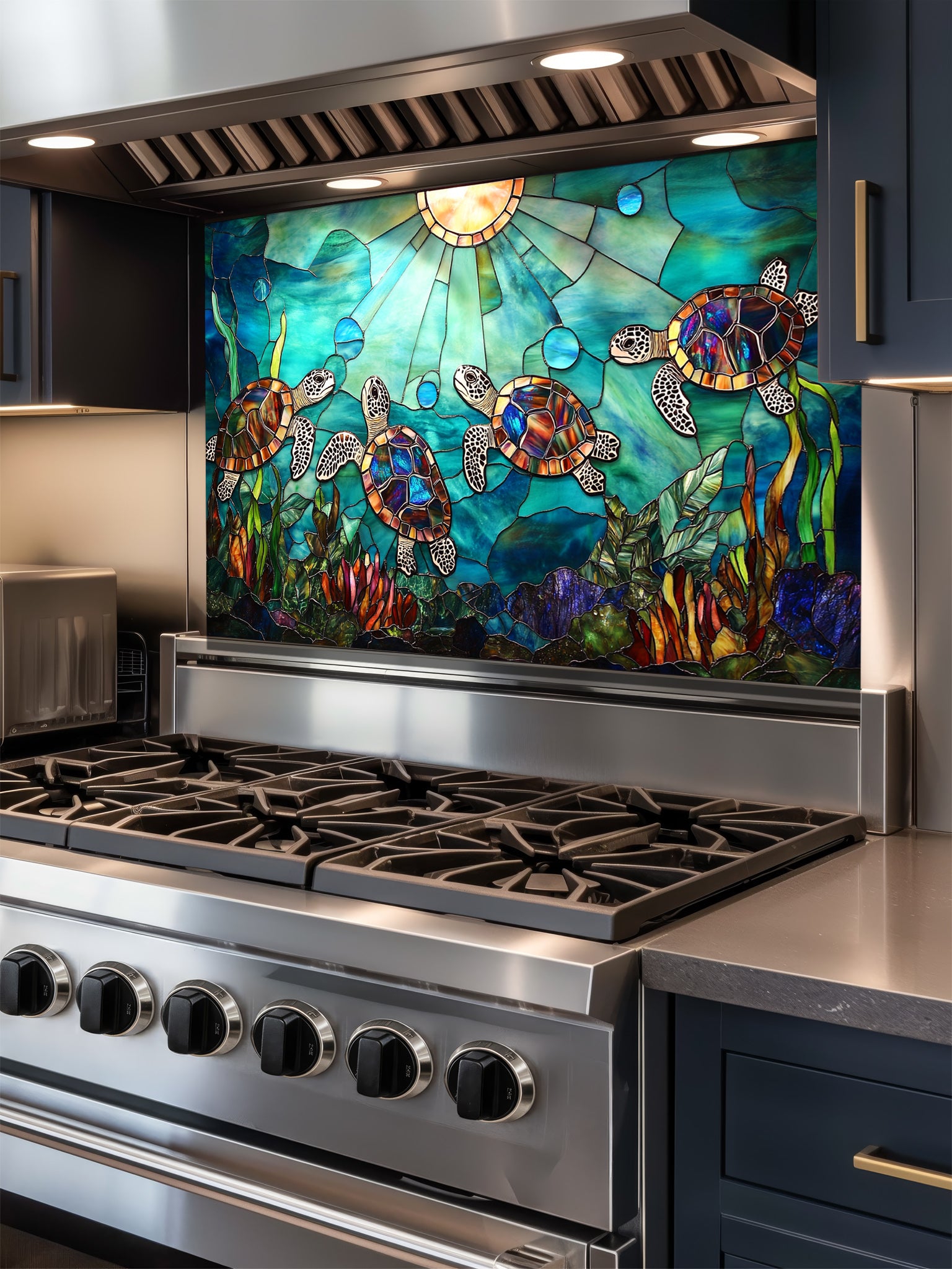 Stained glass style sea turtles swimming in vibrant blue ocean waters with sun rays, UV printed on a smooth tempered glass kitchen backsplash, installed behind a modern stove.