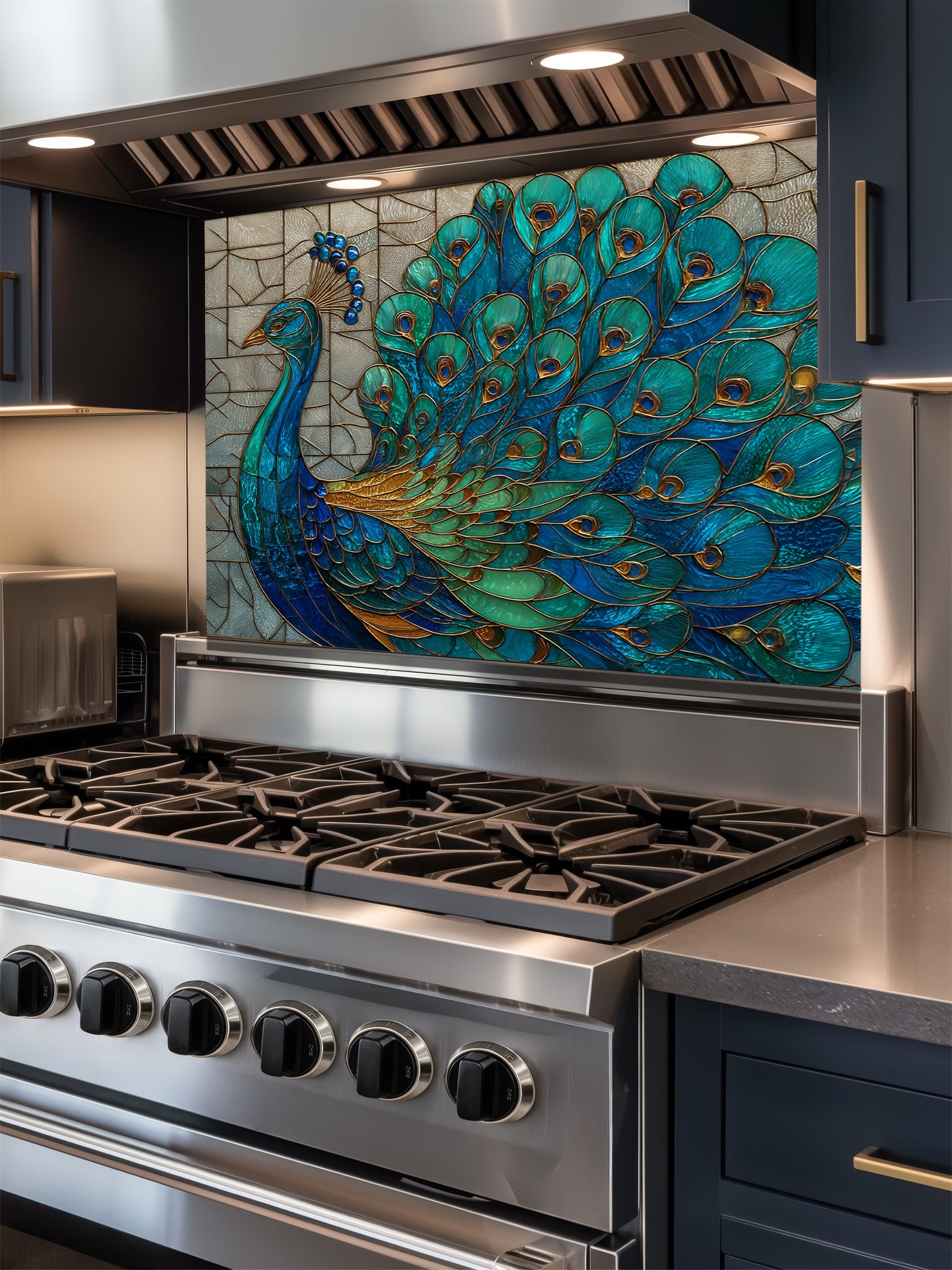 Stained glass style majestic peacock with spread feathers in teal, blue, and gold, UV printed on a smooth tempered glass kitchen backsplash, installed behind a modern stove.