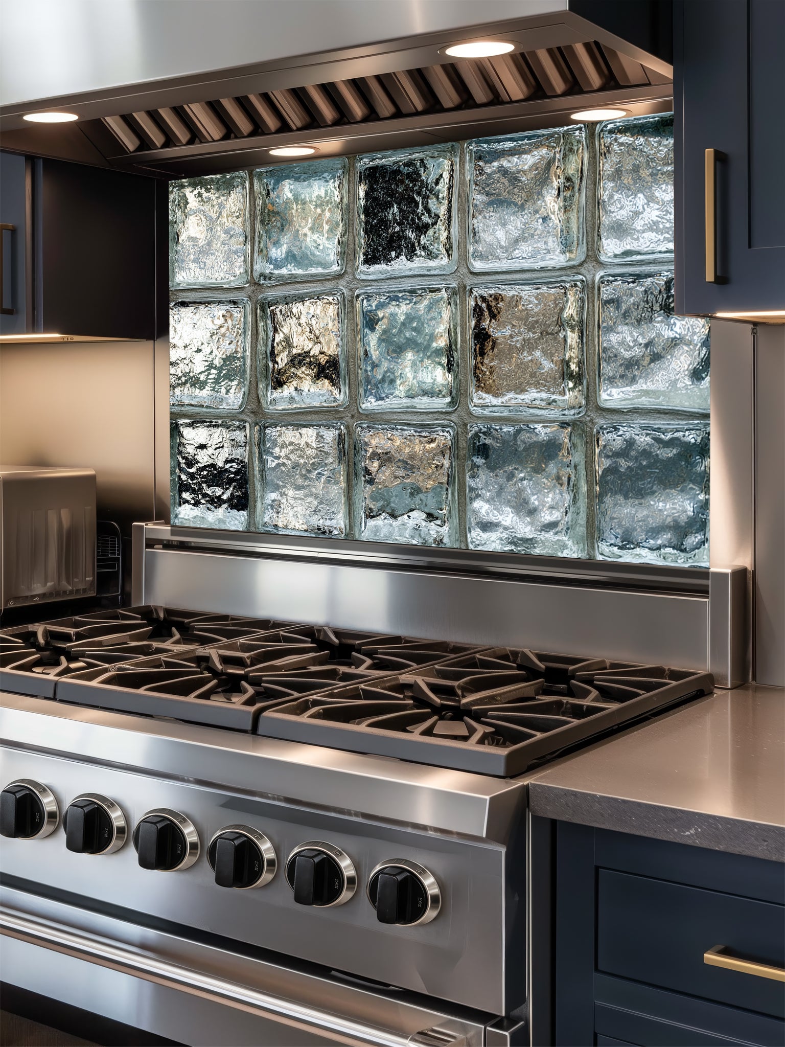 Tempered glass kitchen backsplash featuring a highly realistic 3D illusion of classic architectural clear glass blocks with authentic wavy, ice-like textures and sleek silver-grey reflections, installed behind a modern black stove.