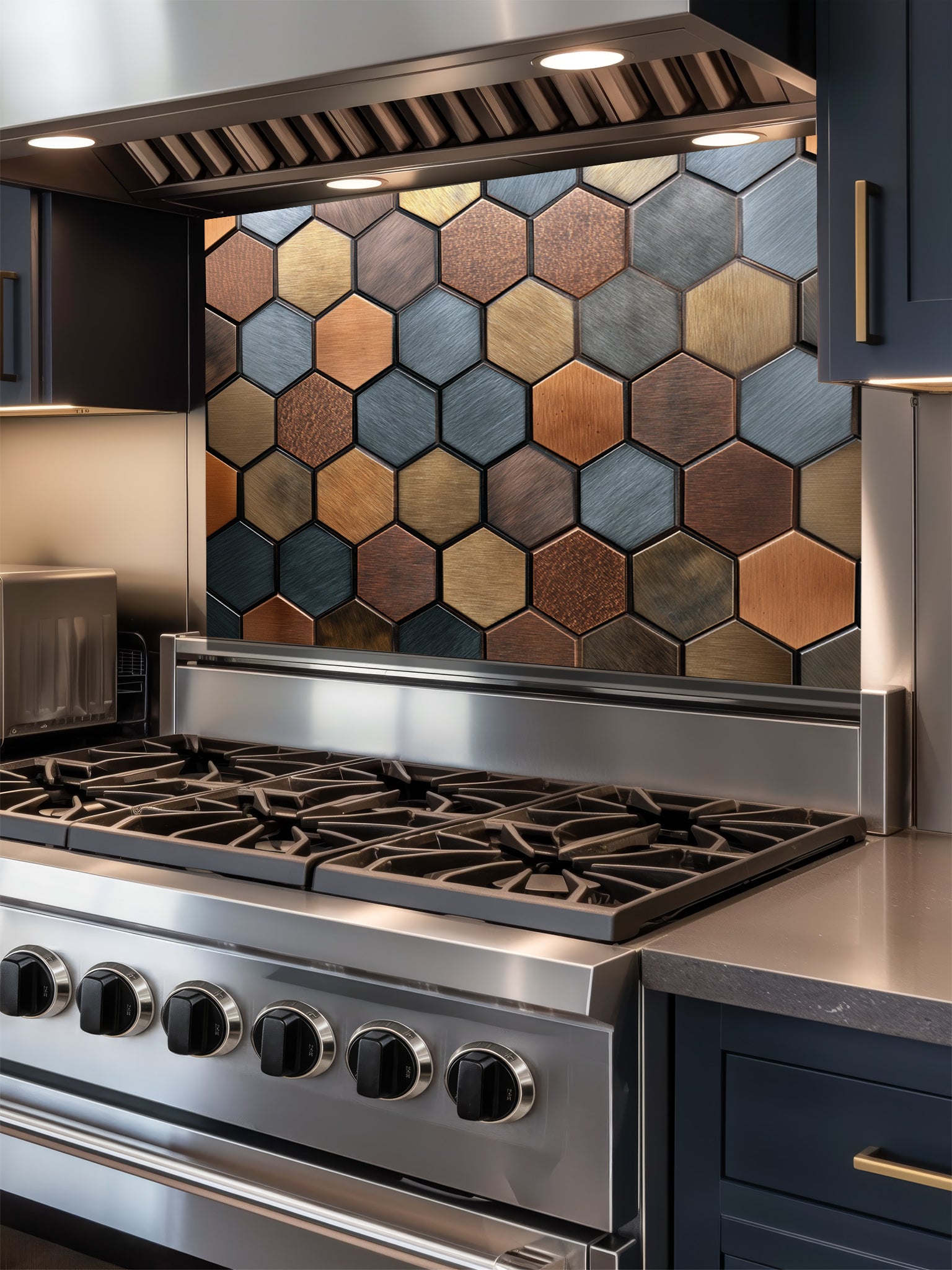 Faux 3D effect mixed metallic hexagon tiles in copper, bronze, and steel tones, UV printed on a smooth tempered glass kitchen backsplash, installed behind a modern stove.