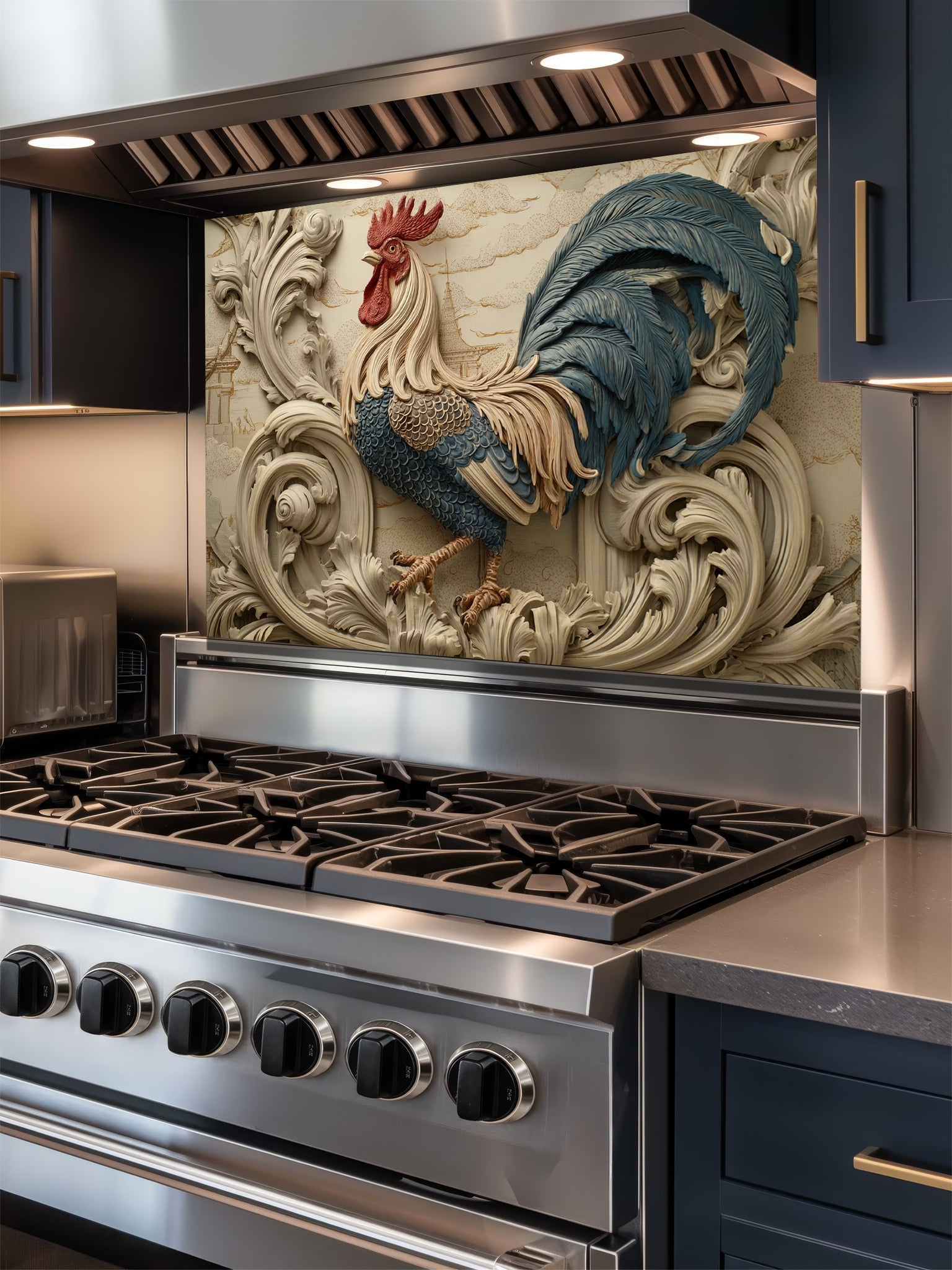 Tempered glass kitchen backsplash featuring a highly realistic 3D illusion of an intricately carved bas-relief sculpture showing a proud rooster with slate blue and gold feathers surrounded by ornate, flowing creamy beige baroque acanthus swirls, installed behind a modern black stove.