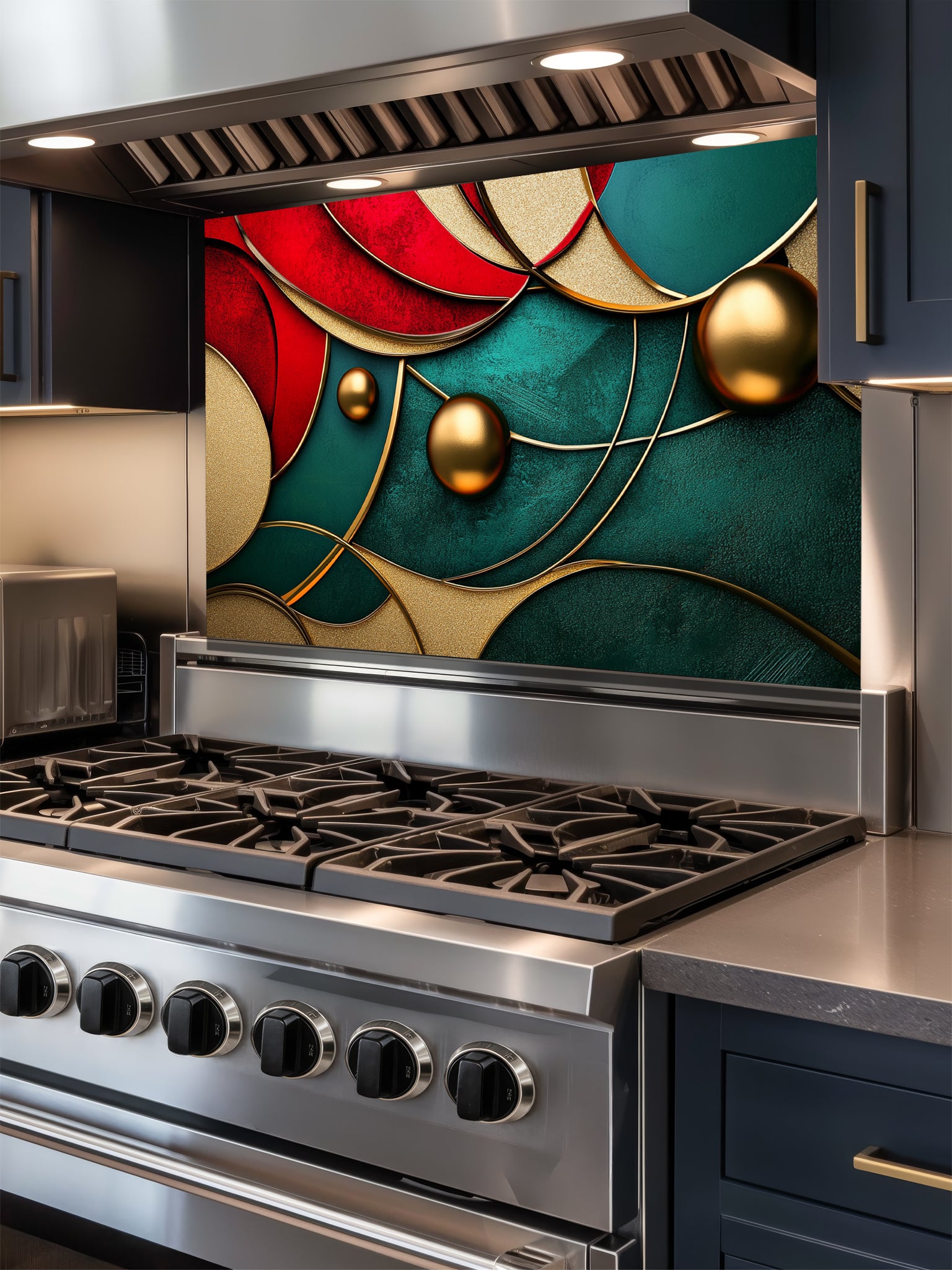 Tempered glass kitchen backsplash featuring a highly realistic 3D illusion of abstract overlapping geometric circles and waves in rich ruby red and emerald green with striking gold outlines and floating 3D metallic gold spheres, installed behind a modern stainless steel stove.
