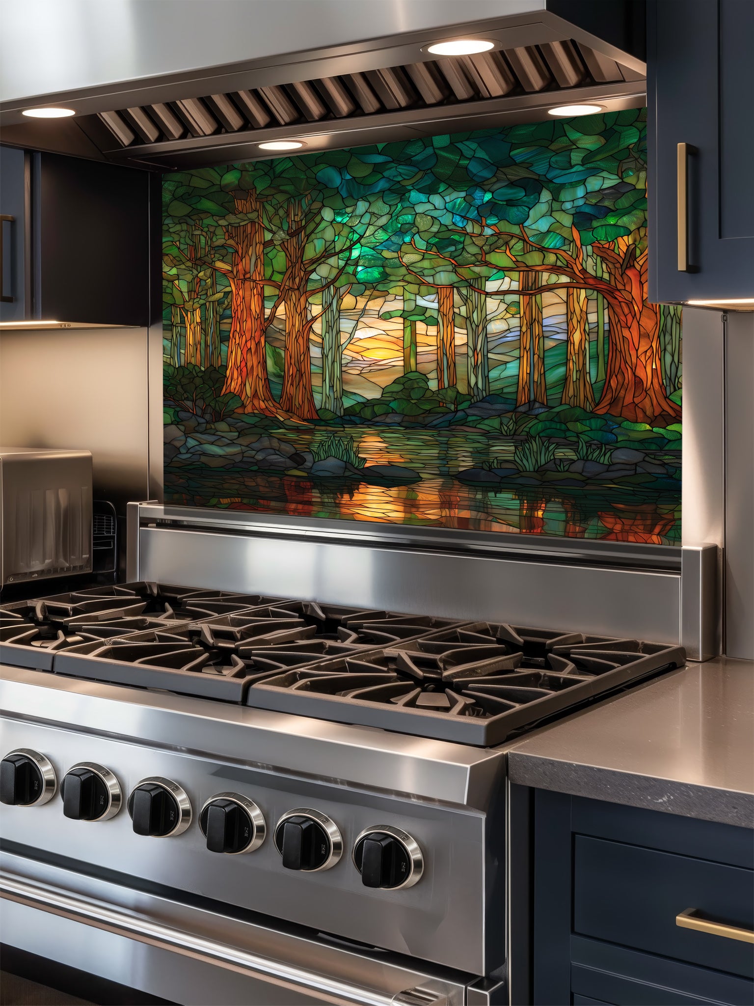 A modern kitchen featuring a tempered glass backsplash with a beautiful stained glass effect landscape, showcasing a lush green forest, tall trees, and a tranquil river at sunset, installed behind a modern black stove.