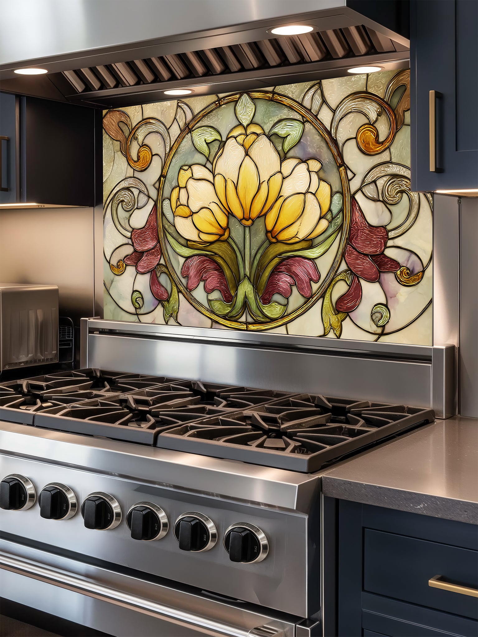 Tempered glass kitchen backsplash featuring a highly realistic faux stained glass design with a central medallion of yellow tulips surrounded by ornate Art Nouveau vines in green and burgundy, installed behind a modern stainless steel stove.