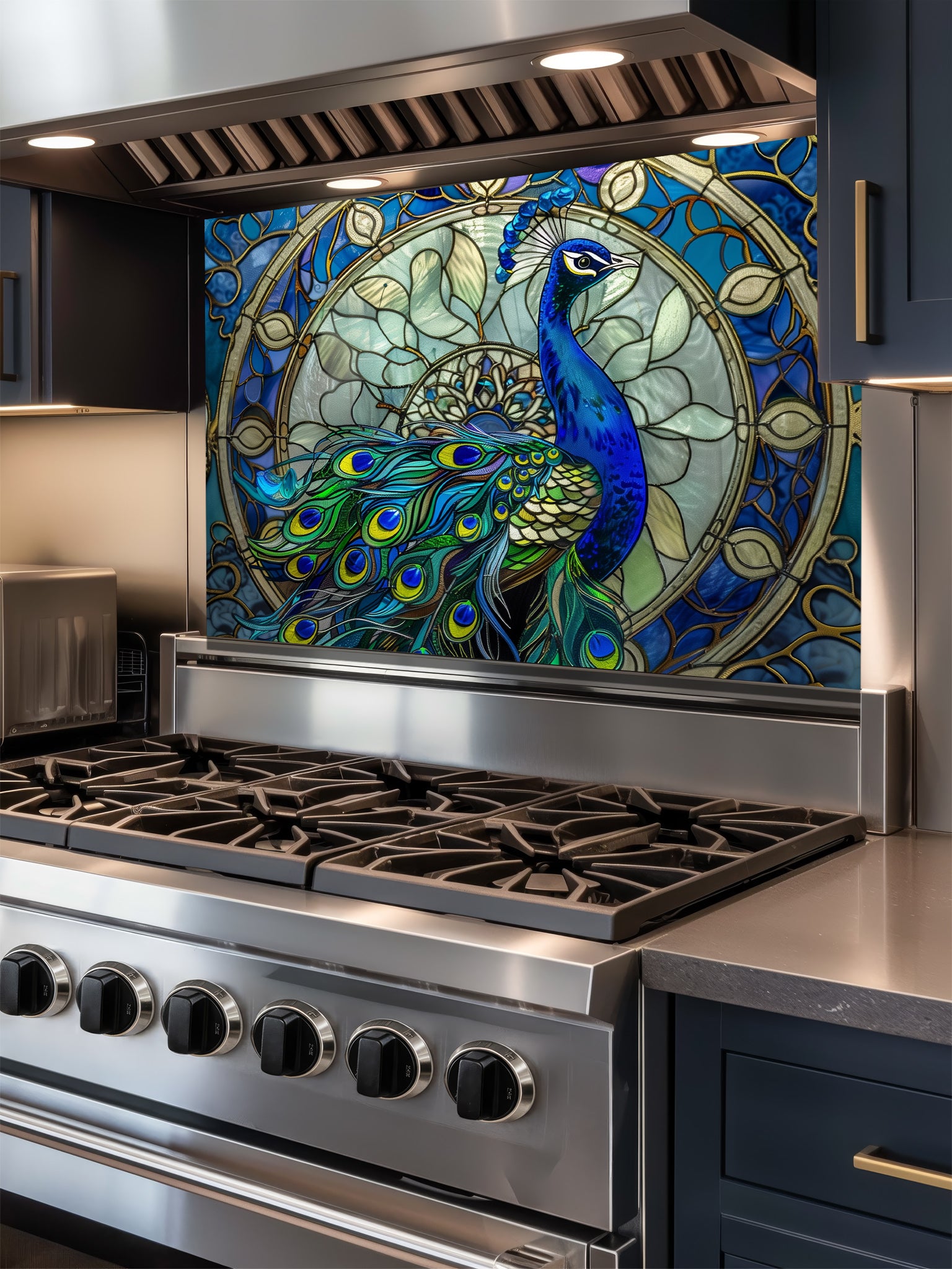 Tempered glass kitchen backsplash featuring a highly realistic 3D illusion of Art Nouveau stained glass showing a majestic royal blue peacock against an intricate circular mandala background with gold outlines, installed behind a modern stainless steel stove.