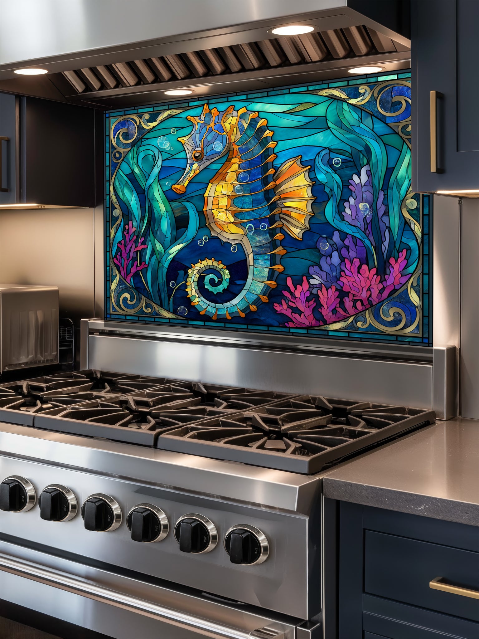 Faux stained glass pattern featuring a vibrant golden seahorse, magenta corals, and swirling turquoise ocean waves, UV printed on a smooth tempered glass kitchen backsplash.