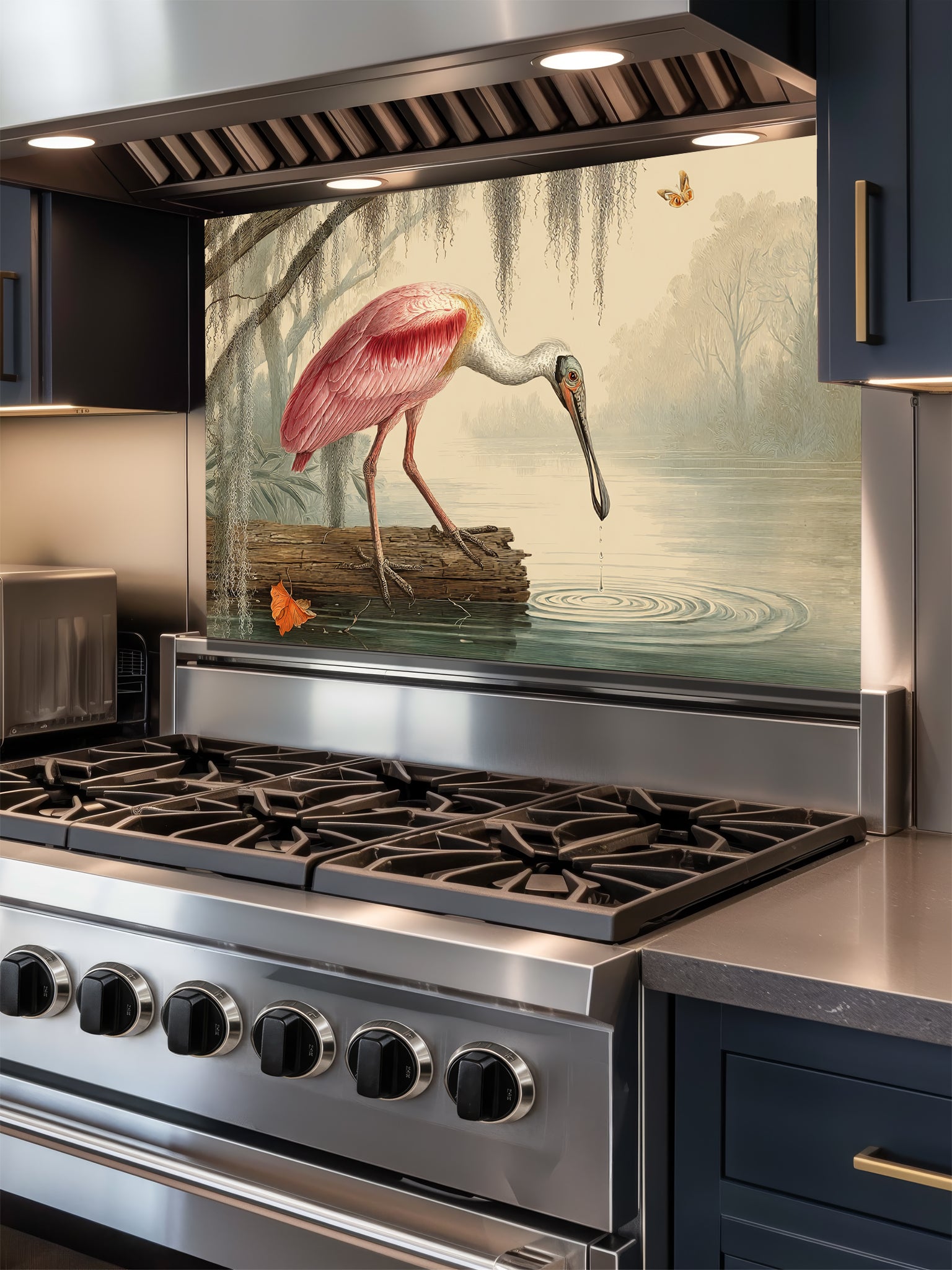 Tempered glass kitchen backsplash featuring a highly realistic illusion of a vintage Audubon-style naturalist illustration showing a beautiful pink roseate spoonbill bird wading in a swamp with weeping Spanish moss against an aged parchment background, installed behind a modern black stove.