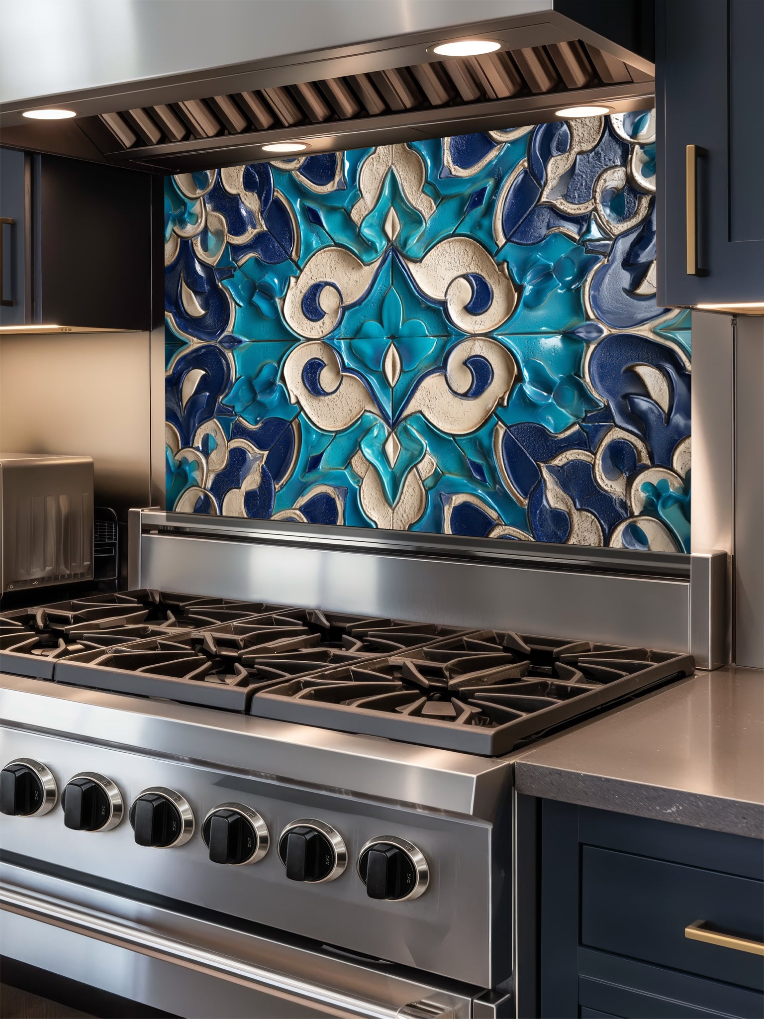 Stainless steel stove with decorative blue and white tile backsplash