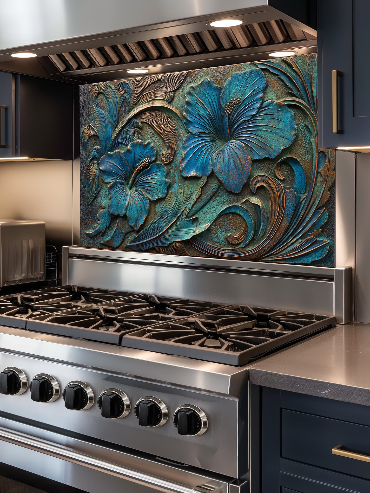 Tempered glass kitchen backsplash featuring a highly realistic 3D faux metal relief design of large tropical hibiscus flowers with a rich teal patina and antique copper accents over a dark textured background, installed behind a modern stainless steel stove.