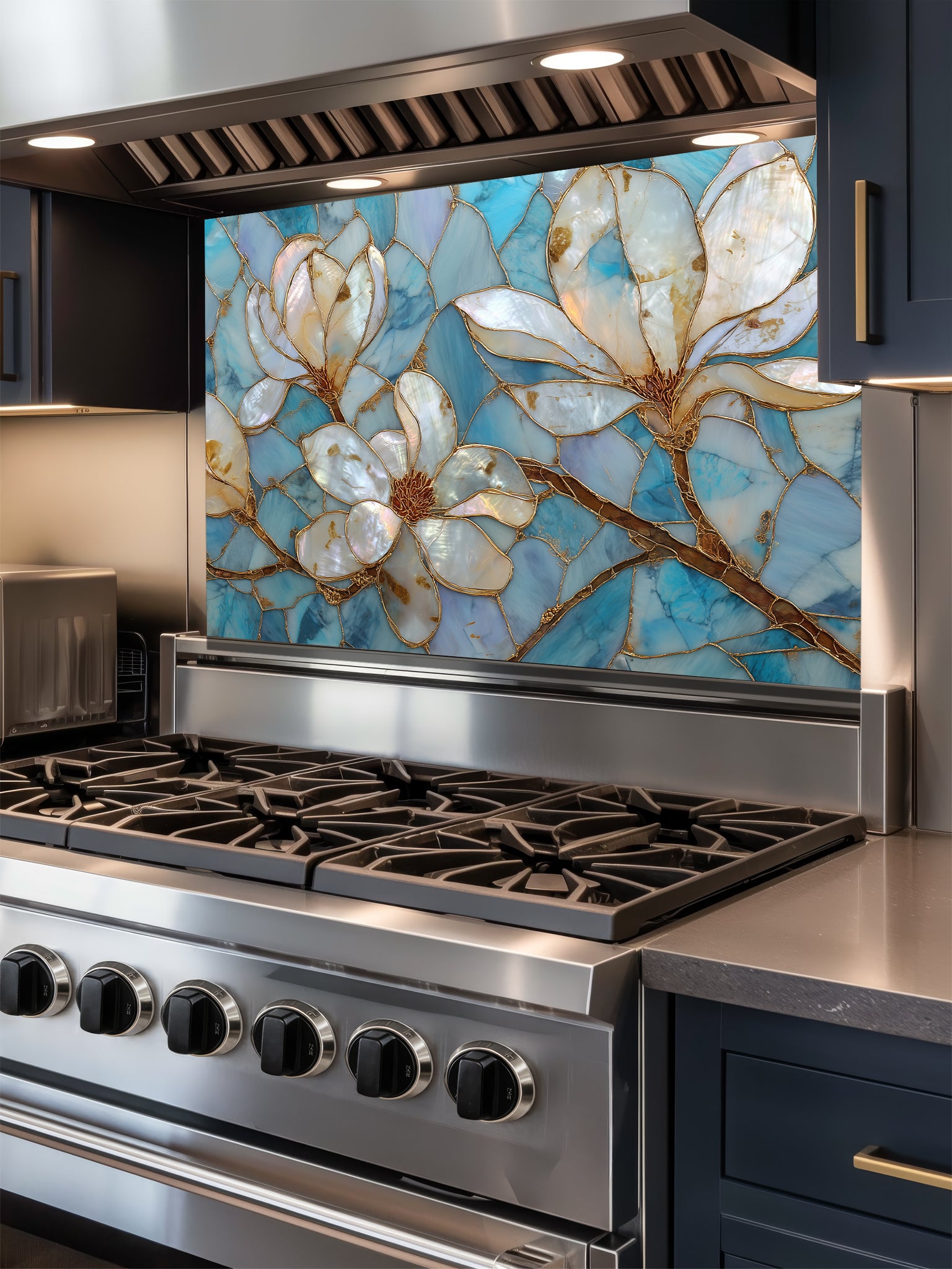 Stained glass style white magnolia flowers with gold veining on a beautiful cracked blue agate background, UV printed on a smooth tempered glass kitchen backsplash, installed behind a modern stove.