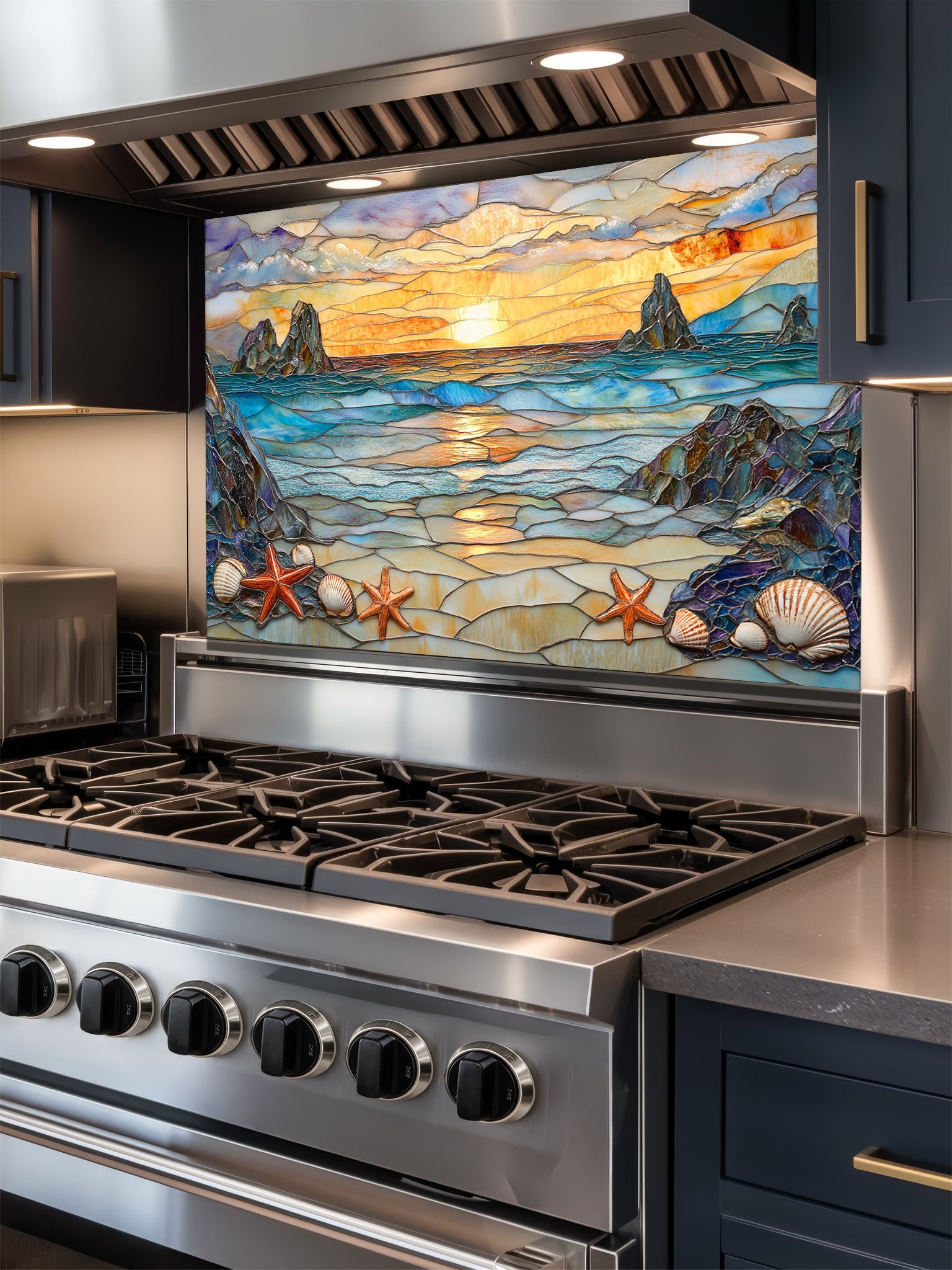 Stained glass style beach sunset with ocean waves, rocky cliffs, seashells, and starfish, UV printed on a smooth tempered glass kitchen backsplash, installed behind a modern stove.