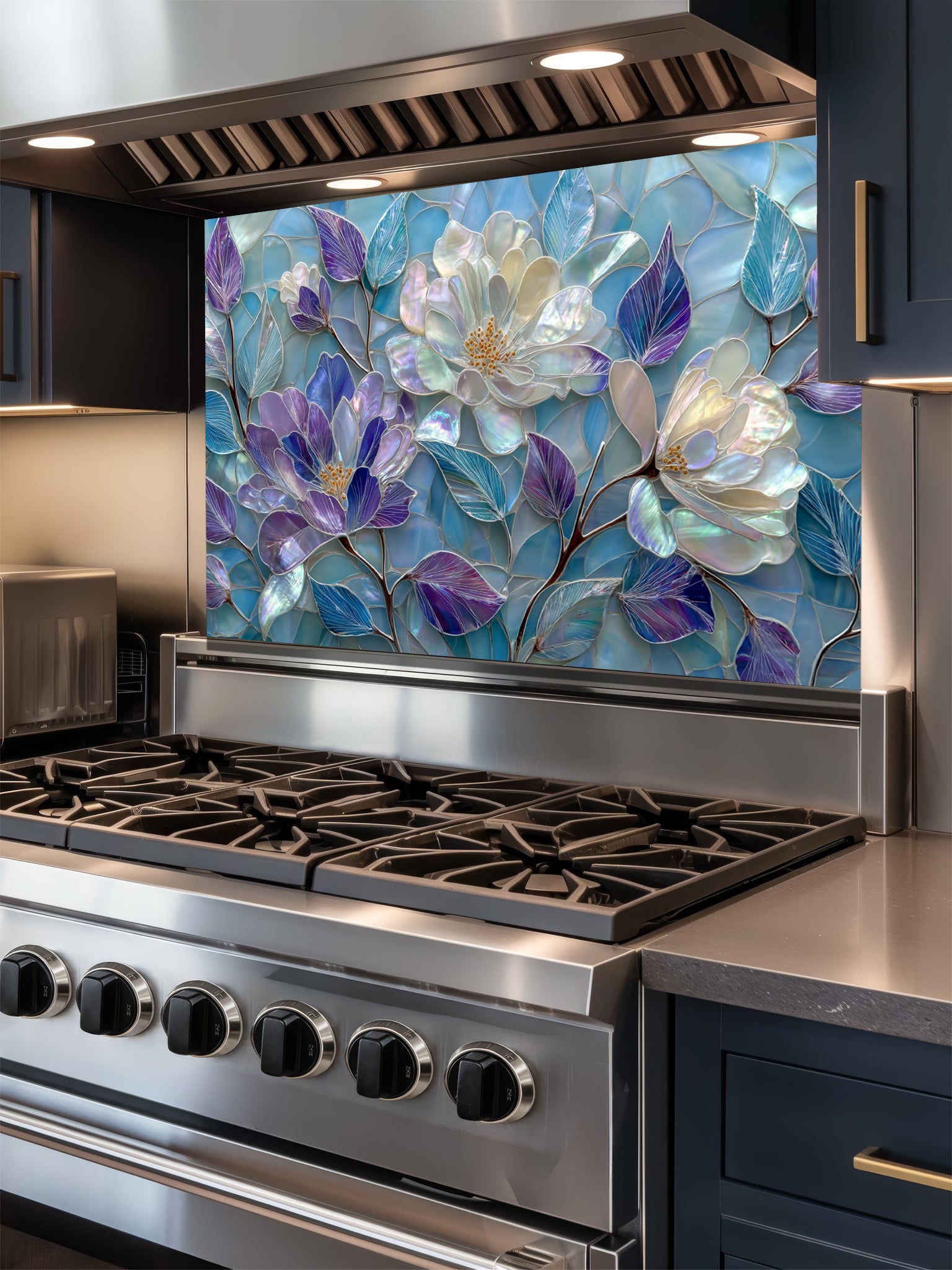 Tempered glass kitchen backsplash featuring a highly realistic 3D illusion of stained glass and mother-of-pearl mosaic art, showing large, elegant blooming flowers in iridescent shades of pearlescent white, lavender, and purple with flowing aqua blue leaves, installed behind a modern black stove.