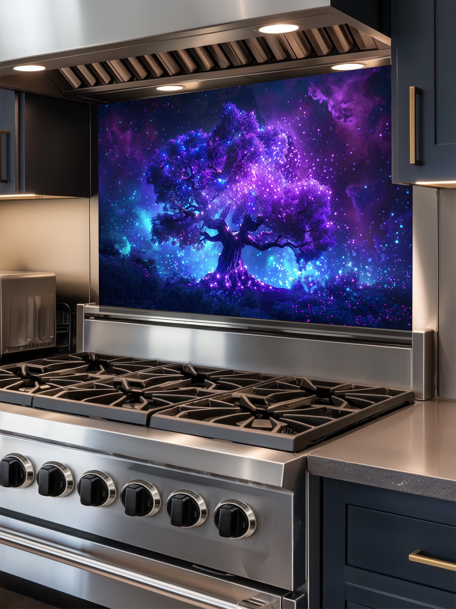 Glowing purple and blue cosmic tree of life against a starry nebula galaxy background, UV printed on a smooth tempered glass kitchen backsplash.