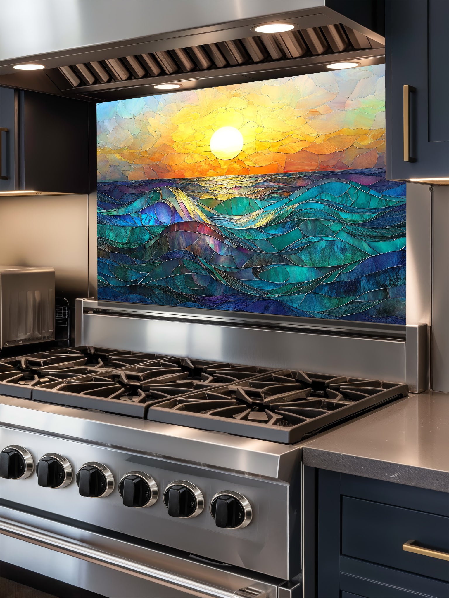 Stainless steel stove with a colorful glass backsplash depicting a sunset over water.
