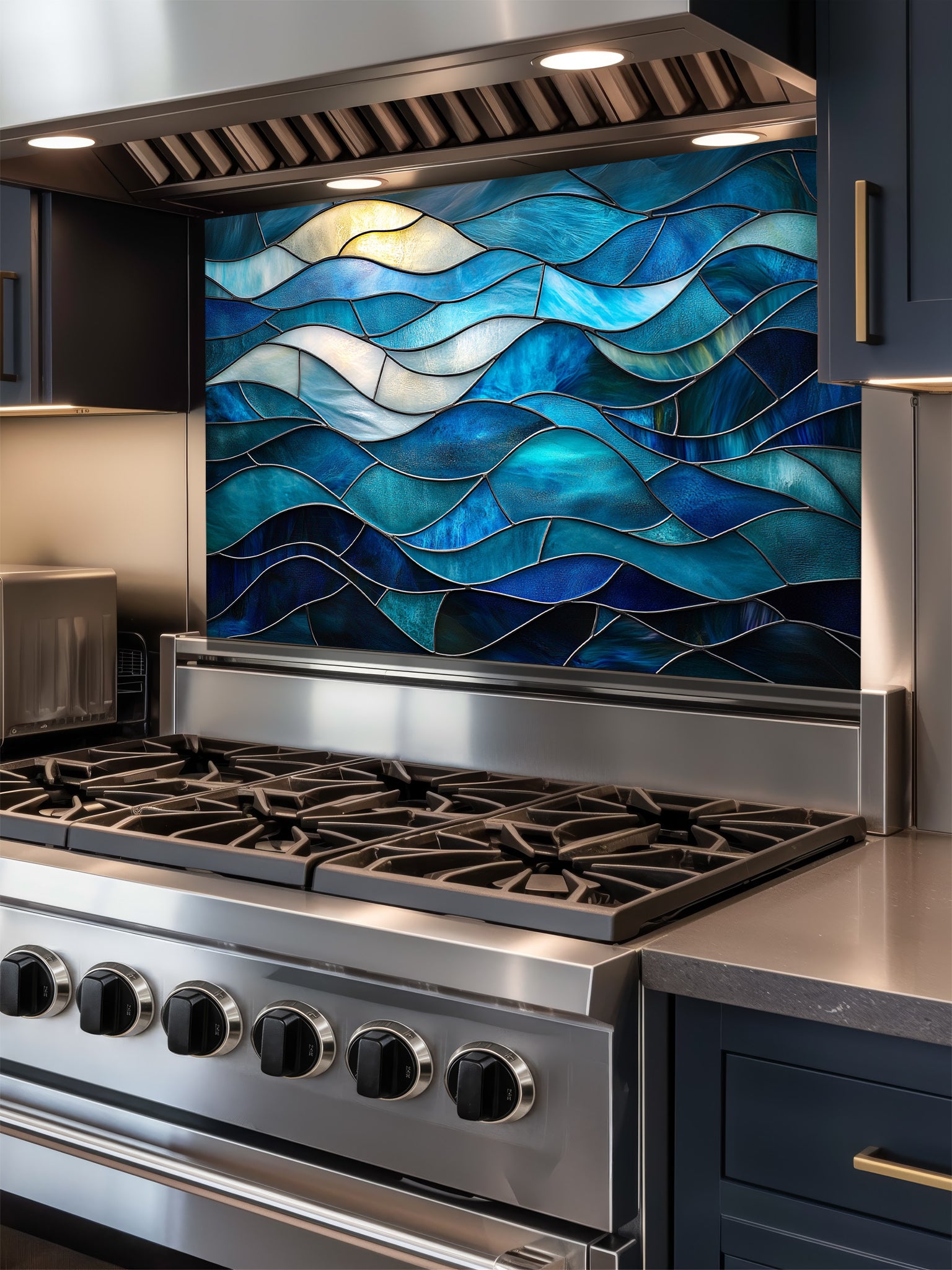 Stained glass style abstract ocean waves in rich blue and turquoise hues, UV printed on a smooth tempered glass kitchen backsplash, installed behind a modern stove.