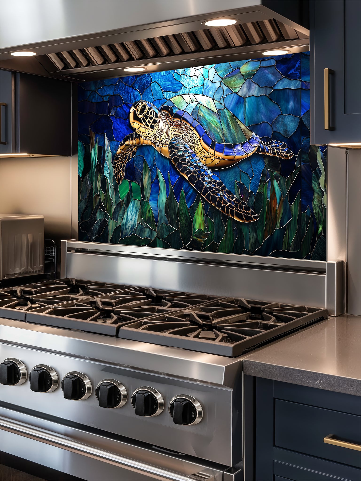 Tempered glass kitchen backsplash featuring a vibrant faux stained glass design of a graceful sea turtle swimming against a luminous blue sunlit ocean and cracked mosaic background, installed behind a modern stainless steel stove.