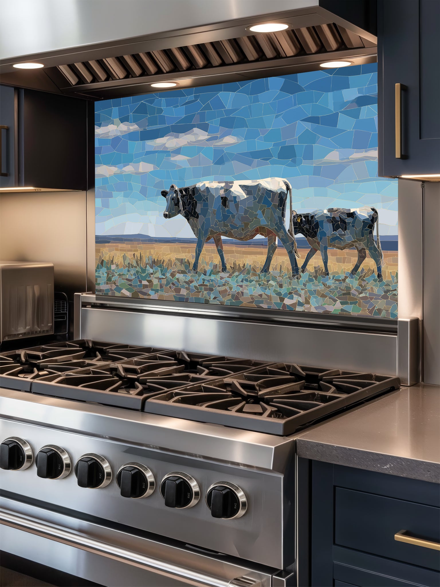 Faux mosaic tile art of a cow and calf in a pasture under a blue sky, UV printed on a smooth tempered glass kitchen backsplash, installed behind a modern stove.
