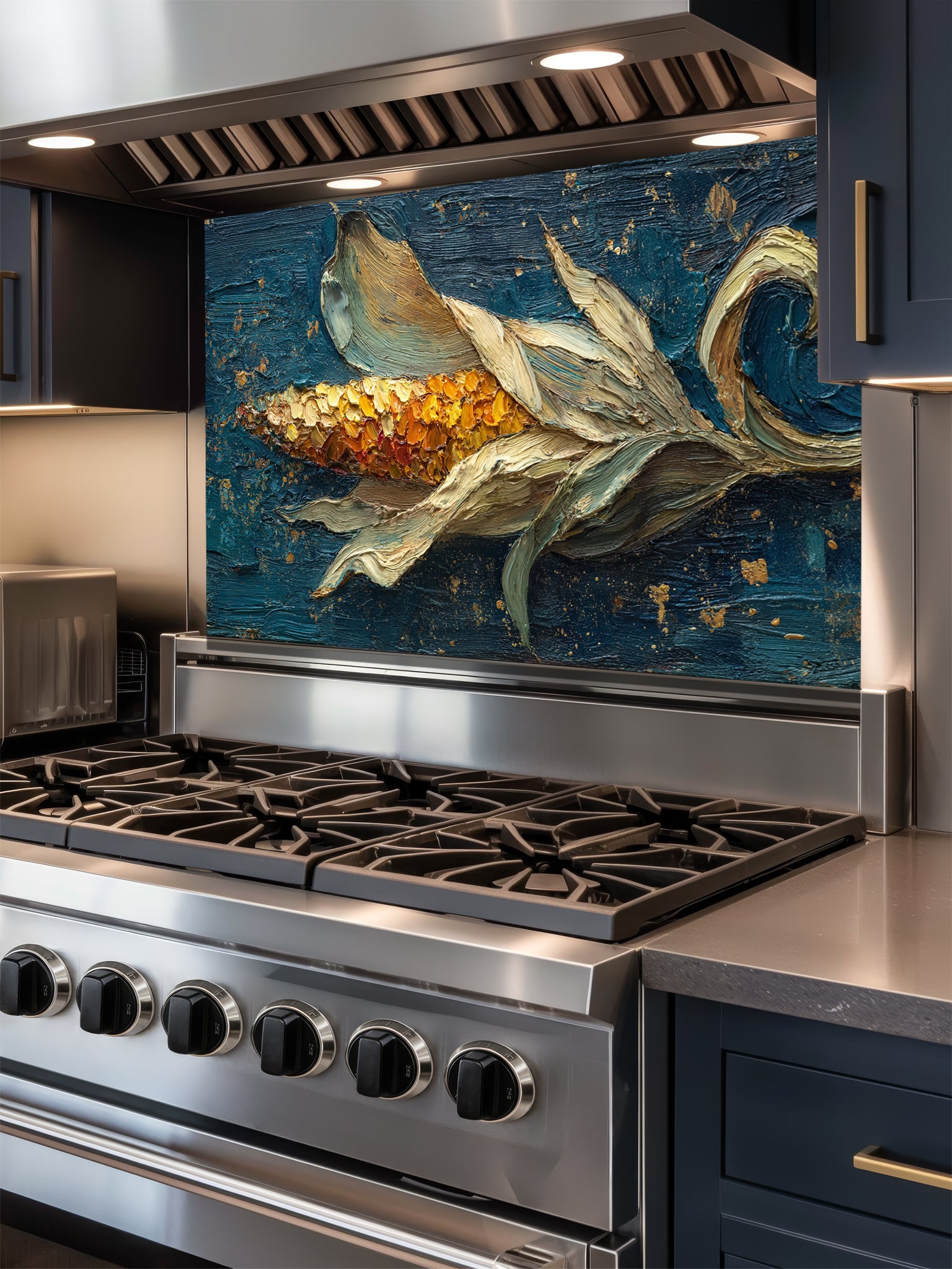 Tempered glass kitchen backsplash featuring a highly realistic 3D illusion of a thick impasto oil painting created with a palette knife, showing a golden ear of corn with flowing husks against a dark teal background with gold splatters, installed behind a modern black stove.