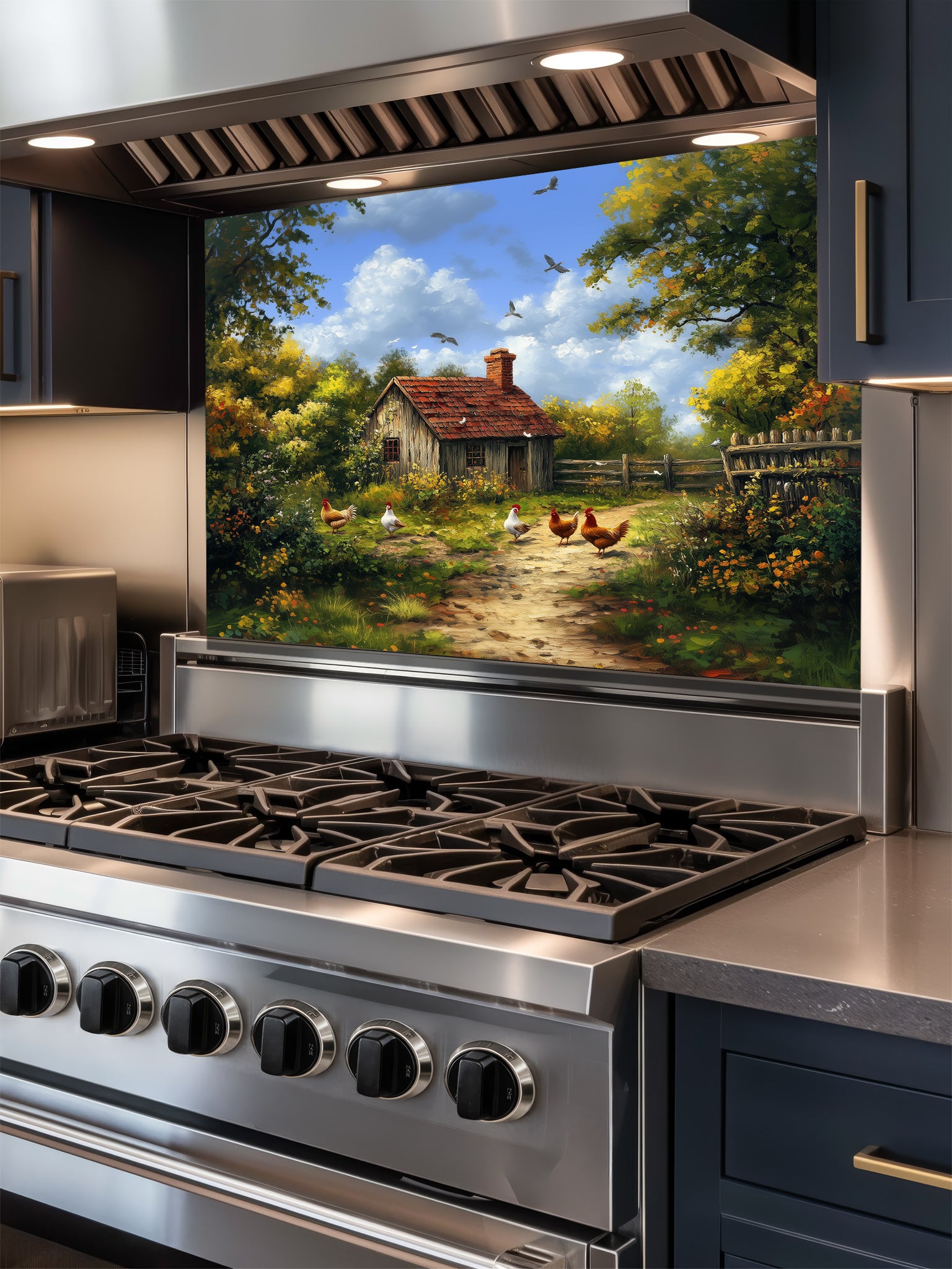 Tempered glass kitchen backsplash featuring a highly realistic illusion of a vintage oil painting showing a rustic farmhouse, lush green trees, and chickens on a dirt path under a blue sky, installed behind a modern stainless steel stove.