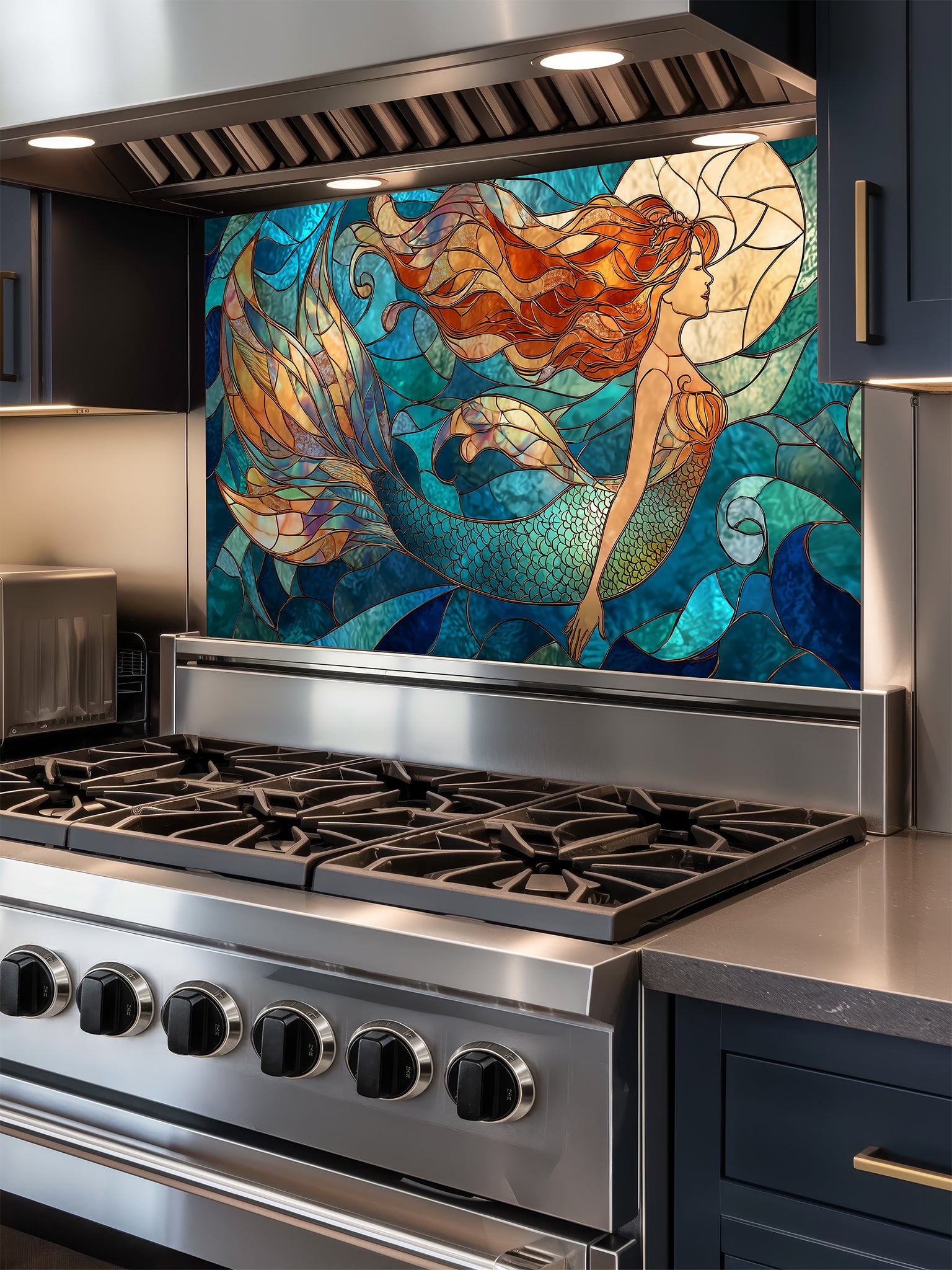 Tempered glass kitchen backsplash featuring a vibrant faux stained glass design of a graceful mermaid with flowing hair swimming in a blue ocean under a glowing moon, installed behind a modern stainless steel stove.