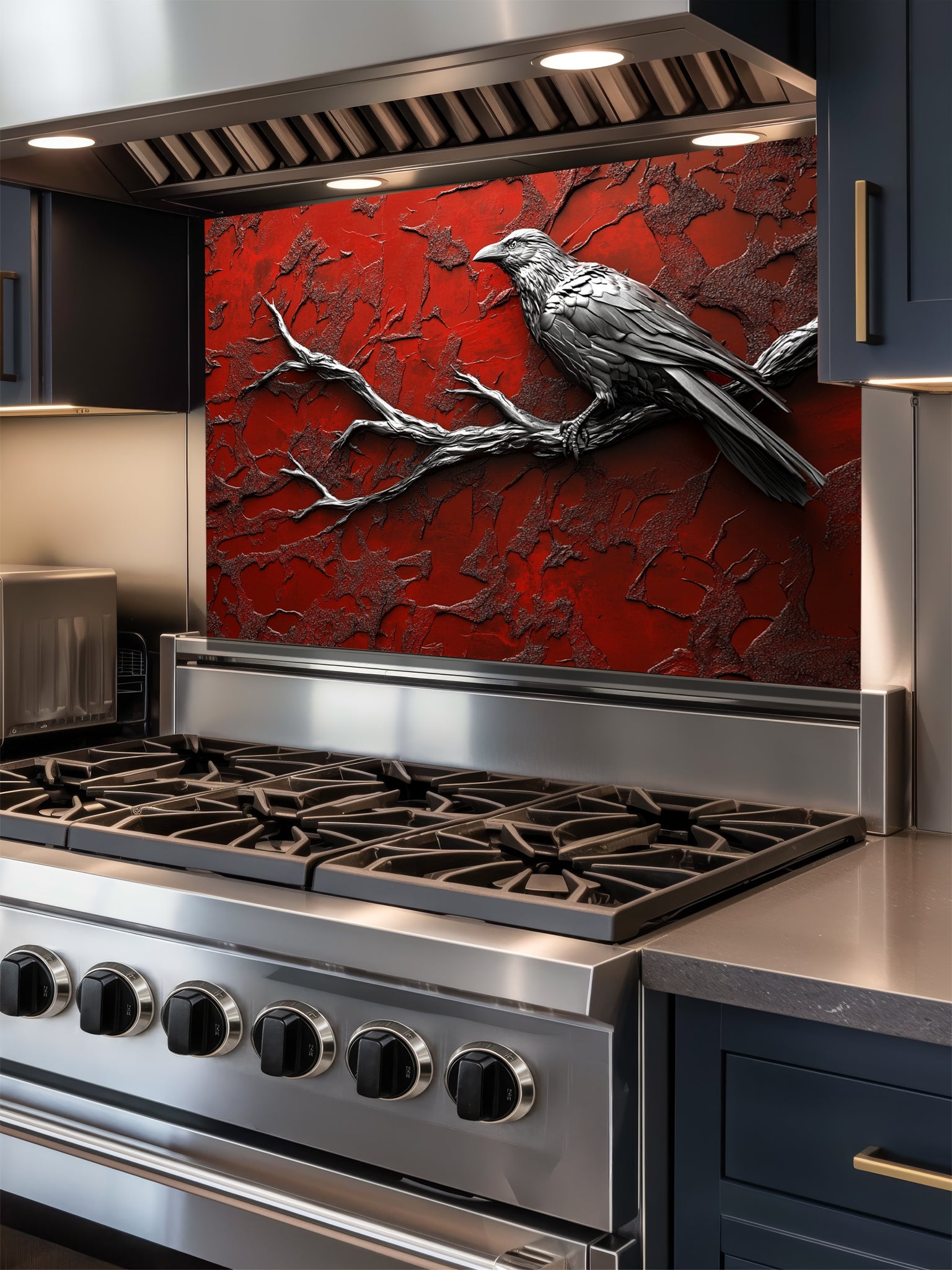 Tempered glass kitchen backsplash featuring a highly realistic 3D illusion of a sculpted metallic black raven perched on a bare branch against a heavily textured, distressed crimson red wall, installed behind a modern black stove.