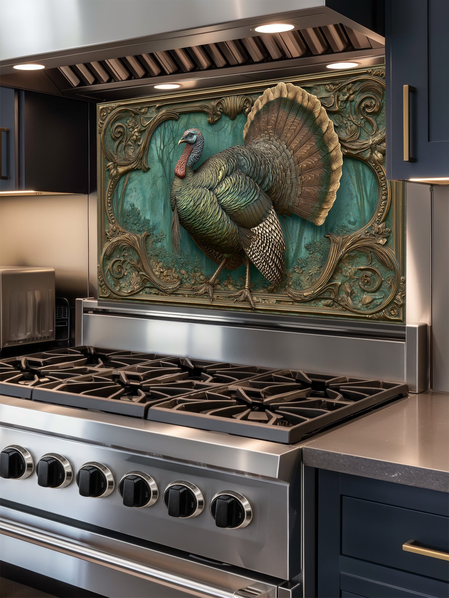 Faux 3D sculpted bronze and brass relief of a majestic turkey framed by baroque scrollwork, UV printed on a smooth tempered glass kitchen backsplash.