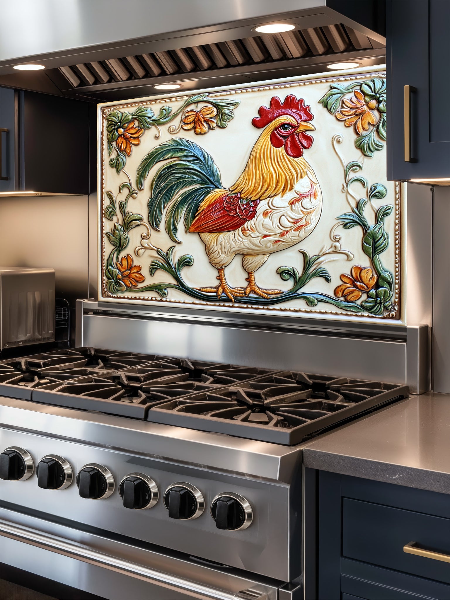 A rustic farmhouse kitchen featuring a tempered glass backsplash with a vintage rooster and floral design that mimics embossed ceramic tiles, installed behind a stainless steel stove.