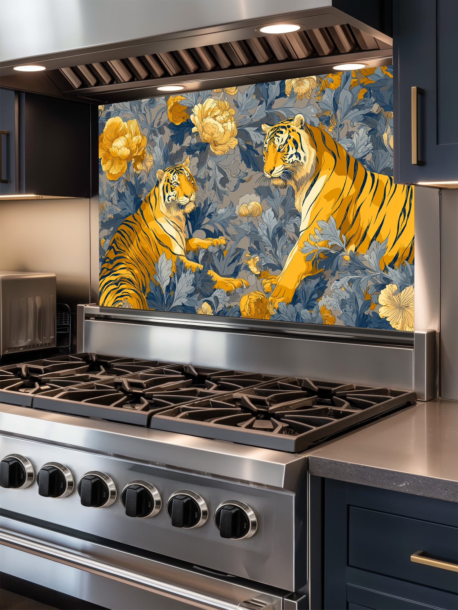 Vintage Chinoiserie style illustration of two majestic tigers among golden yellow peonies and deep blue botanical foliage, UV printed on a smooth tempered glass kitchen backsplash.