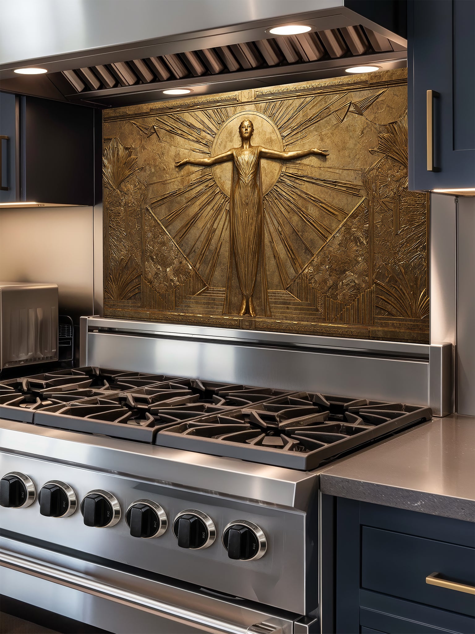 Tempered glass kitchen backsplash featuring a highly realistic 3D faux gold metal relief of a vintage Art Deco woman framed by elegant sunburst rays, installed behind a modern stainless steel stove.