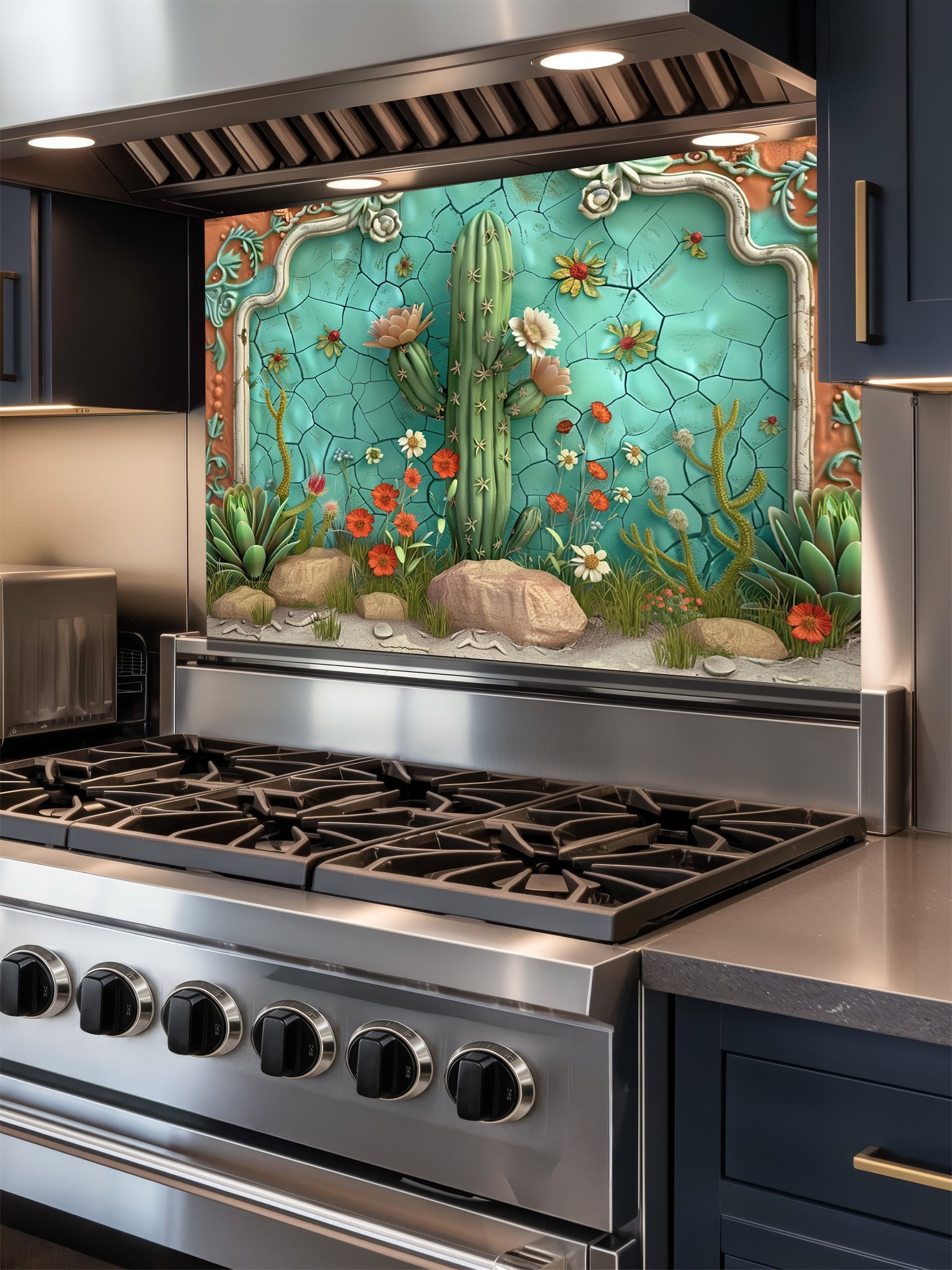 Faux 3D sculpted relief of a desert scene with a Saguaro cactus, succulents, and a terracotta frame against a cracked turquoise ceramic background, UV printed on a smooth tempered glass kitchen backsplash.