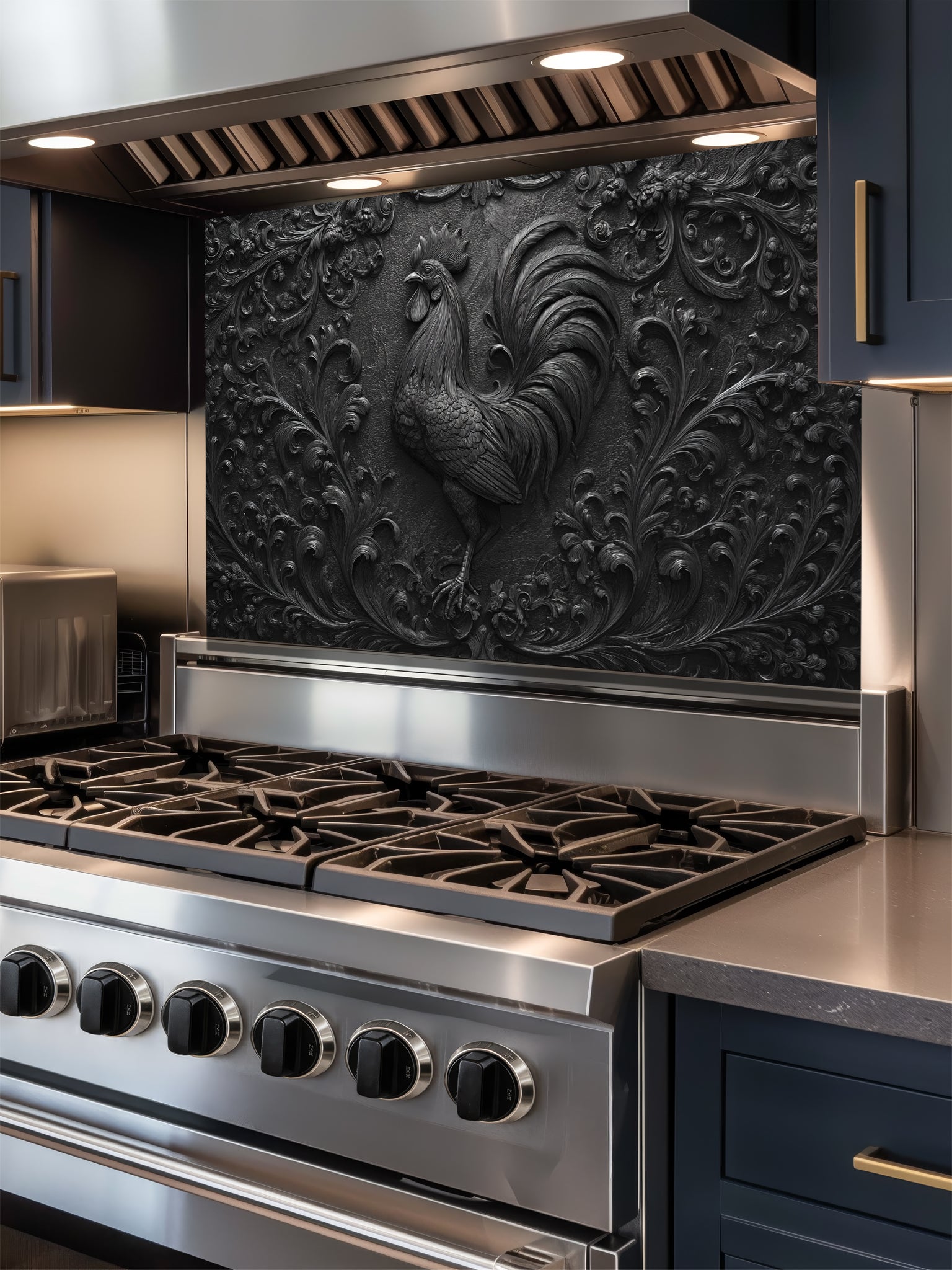 Faux 3D sculpted dark slate and black cast iron relief of a majestic rooster and botanical motifs, UV printed on a smooth tempered glass kitchen backsplash.
