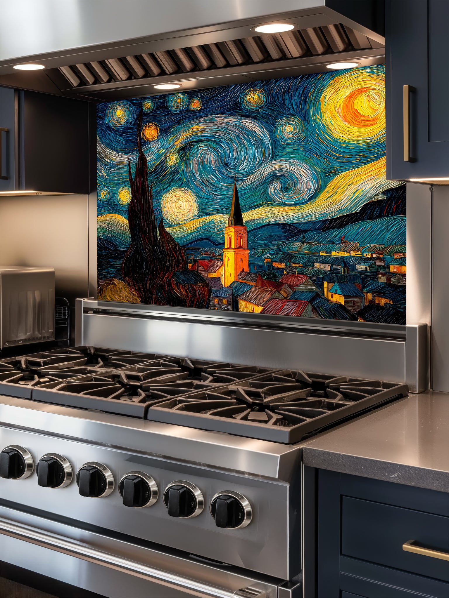 Tempered glass kitchen backsplash featuring a highly realistic 3D illusion of a thick impasto oil painting inspired by The Starry Night, showing a swirling blue night sky, glowing yellow stars, and a dark silhouette of a cypress tree over a village, installed behind a modern black stove.