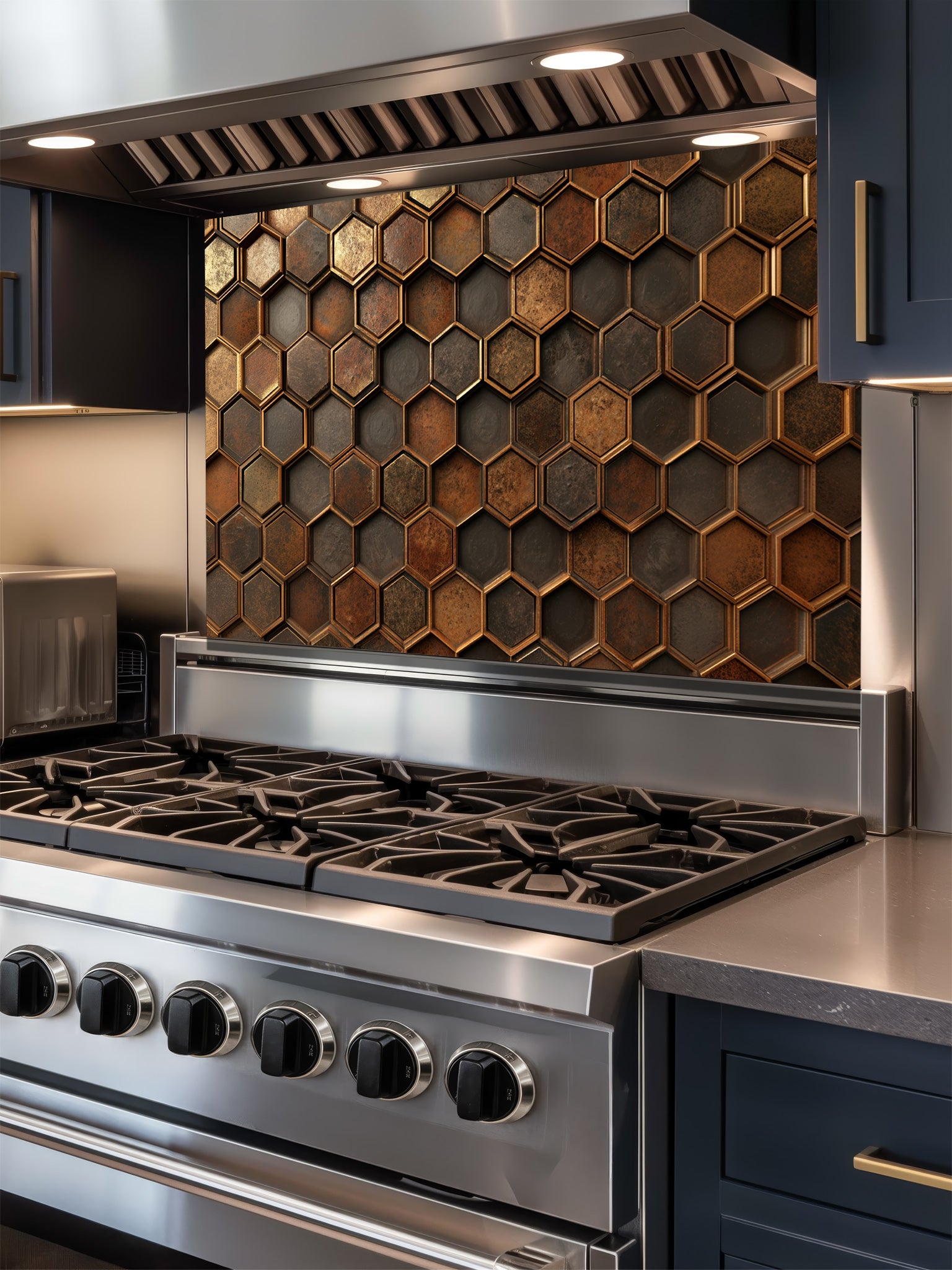 Faux 3D effect weathered and rusted metal hexagon tiles in copper and iron tones, UV printed on a smooth tempered glass kitchen backsplash, installed behind a modern stove.