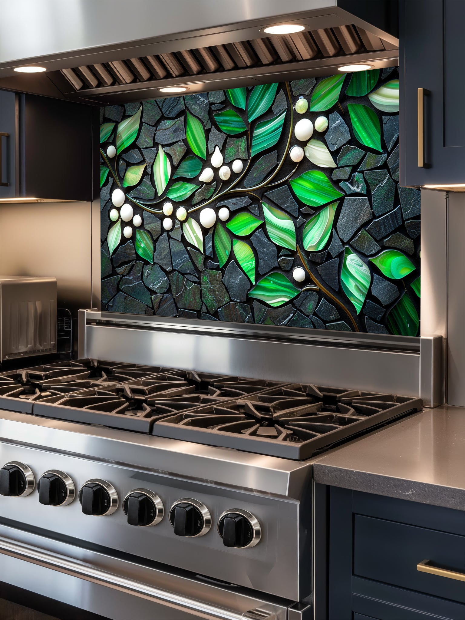 Tempered glass kitchen backsplash featuring a highly realistic 3D illusion of a stone mosaic showcasing vibrant emerald green agate-like leaves and white pearl berries on a glowing golden branch against a dark charcoal stone background, installed behind a modern black stove.