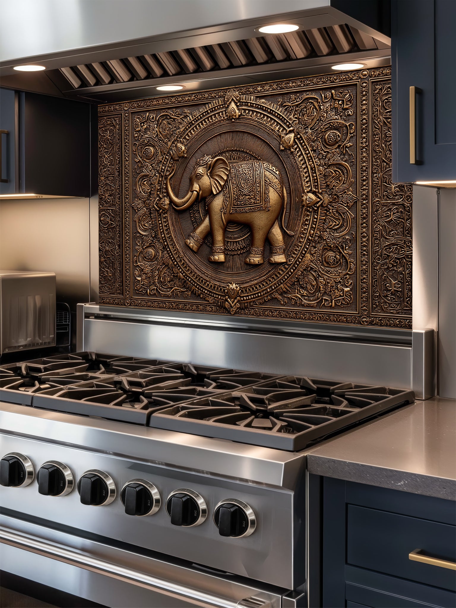 Faux 3D effect intricately carved bronze elephant and ornate mandala pattern, UV printed on a smooth tempered glass kitchen backsplash, installed behind a modern stove.