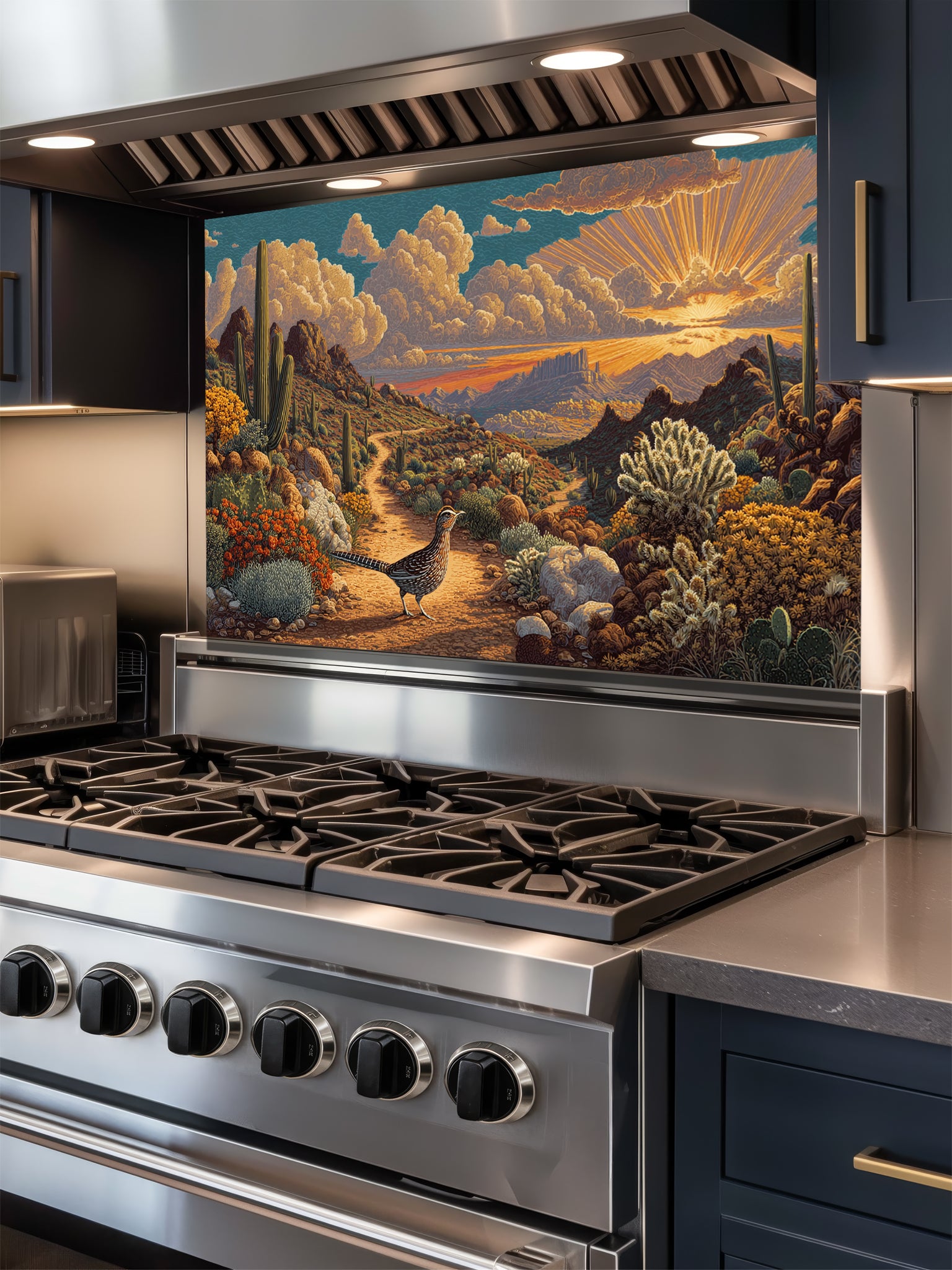 Tempered glass kitchen backsplash featuring a highly realistic 3D illusion of a vintage impasto oil painting showing a beautiful Southwestern desert landscape with a dirt trail, saguaro cacti, blooming flora, a quail, and a radiant sunburst sunset, installed behind a modern black stove.