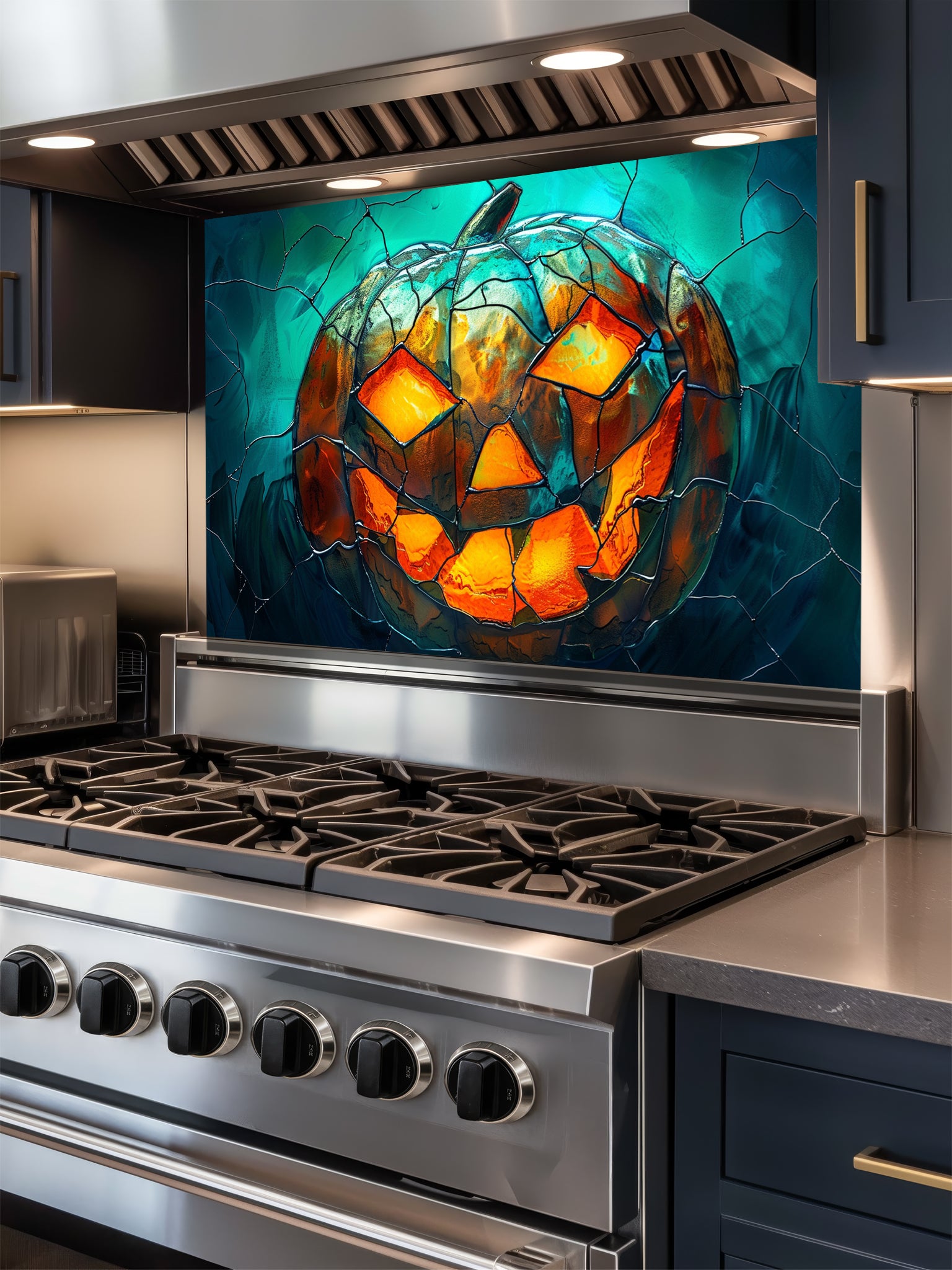 Tempered glass kitchen backsplash featuring a highly realistic 3D illusion of stained glass art showing a spooky Jack-o'-lantern pumpkin with glowing fiery orange eyes and mouth against a dark teal cracked glass background, installed behind a modern black stove.
