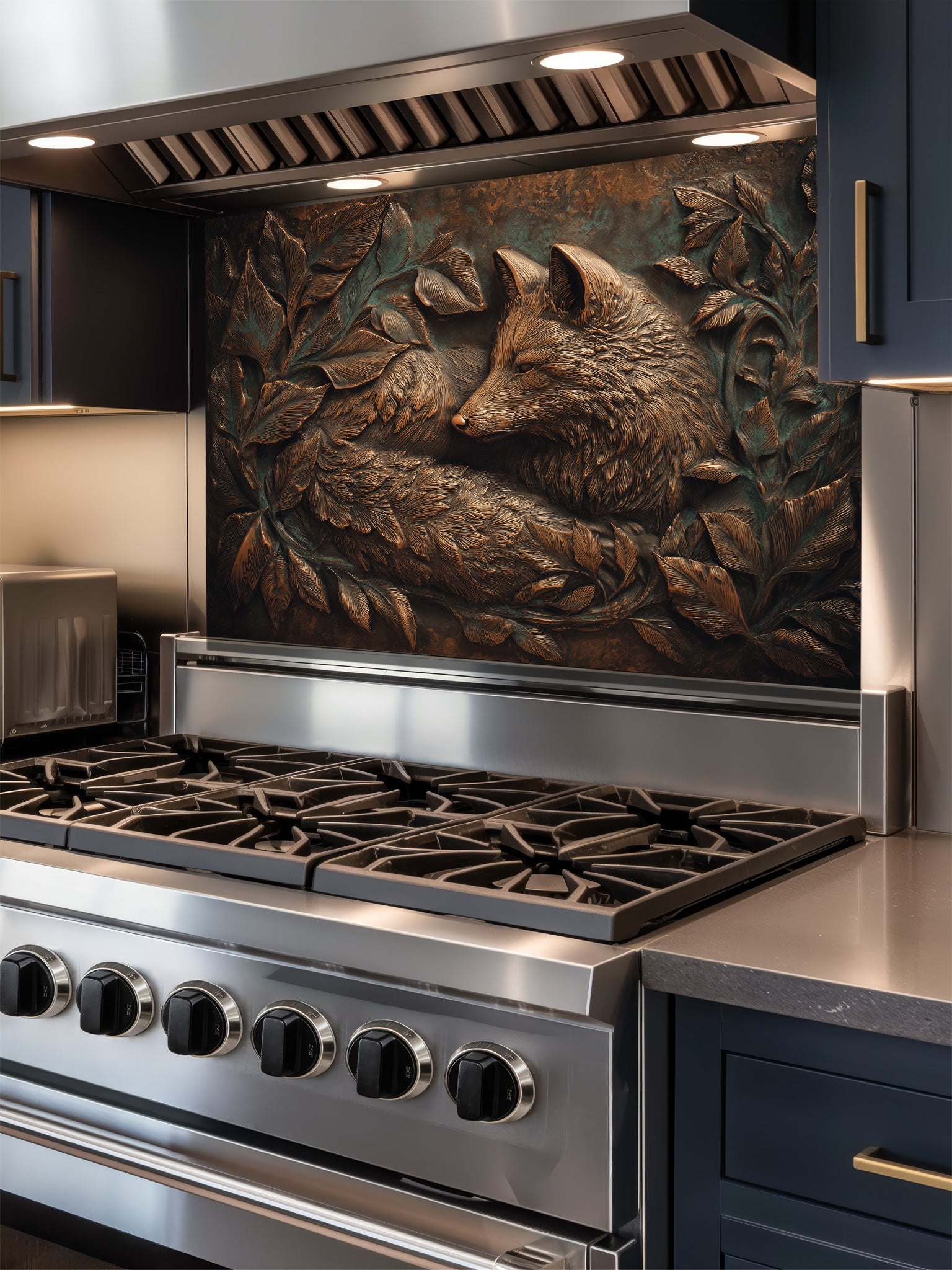 A sleek kitchen featuring a tempered glass backsplash with a highly realistic 3D illusion of an antique copper embossed fox resting among leaves, installed behind a modern stainless steel stove.