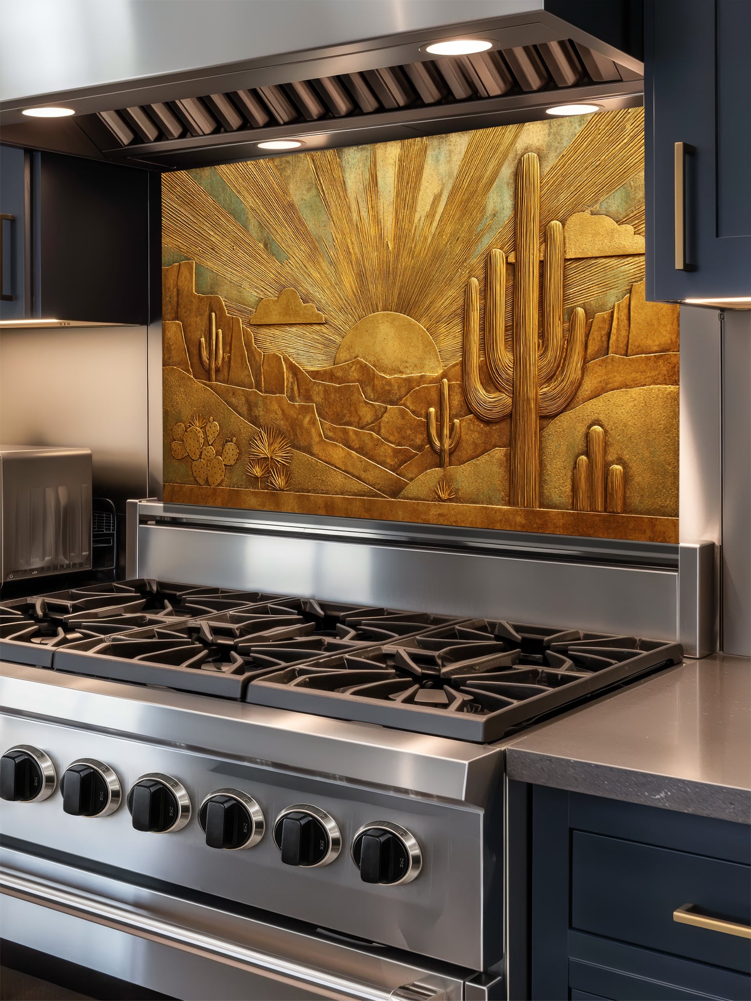 Faux 3D sculpted bronze and brass relief of a desert landscape with saguaro cacti and a radiant sunburst, UV printed on a smooth tempered glass kitchen backsplash.