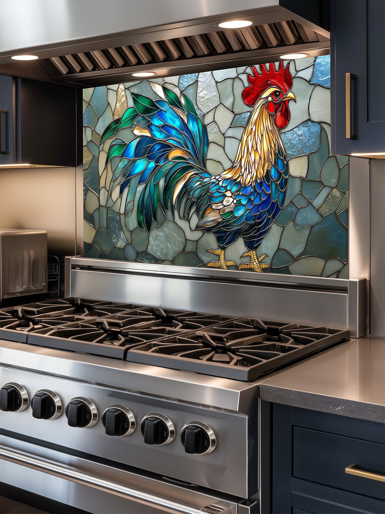 Tempered glass kitchen backsplash featuring a vibrant faux stained glass design of a rooster with striking teal and blue tail feathers against a light icy blue mosaic background, installed behind a modern stainless steel stove.
