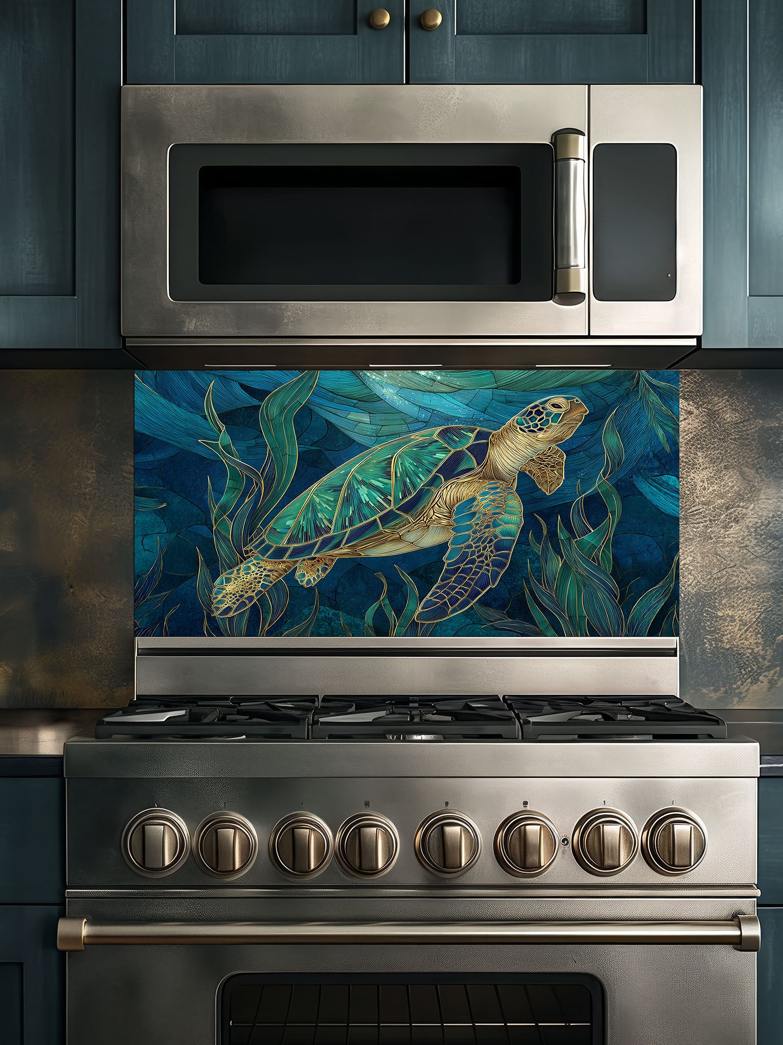 Tempered glass kitchen backsplash featuring an elegant stained glass style sea turtle swimming in deep blue ocean water, installed behind a modern stainless steel stove.