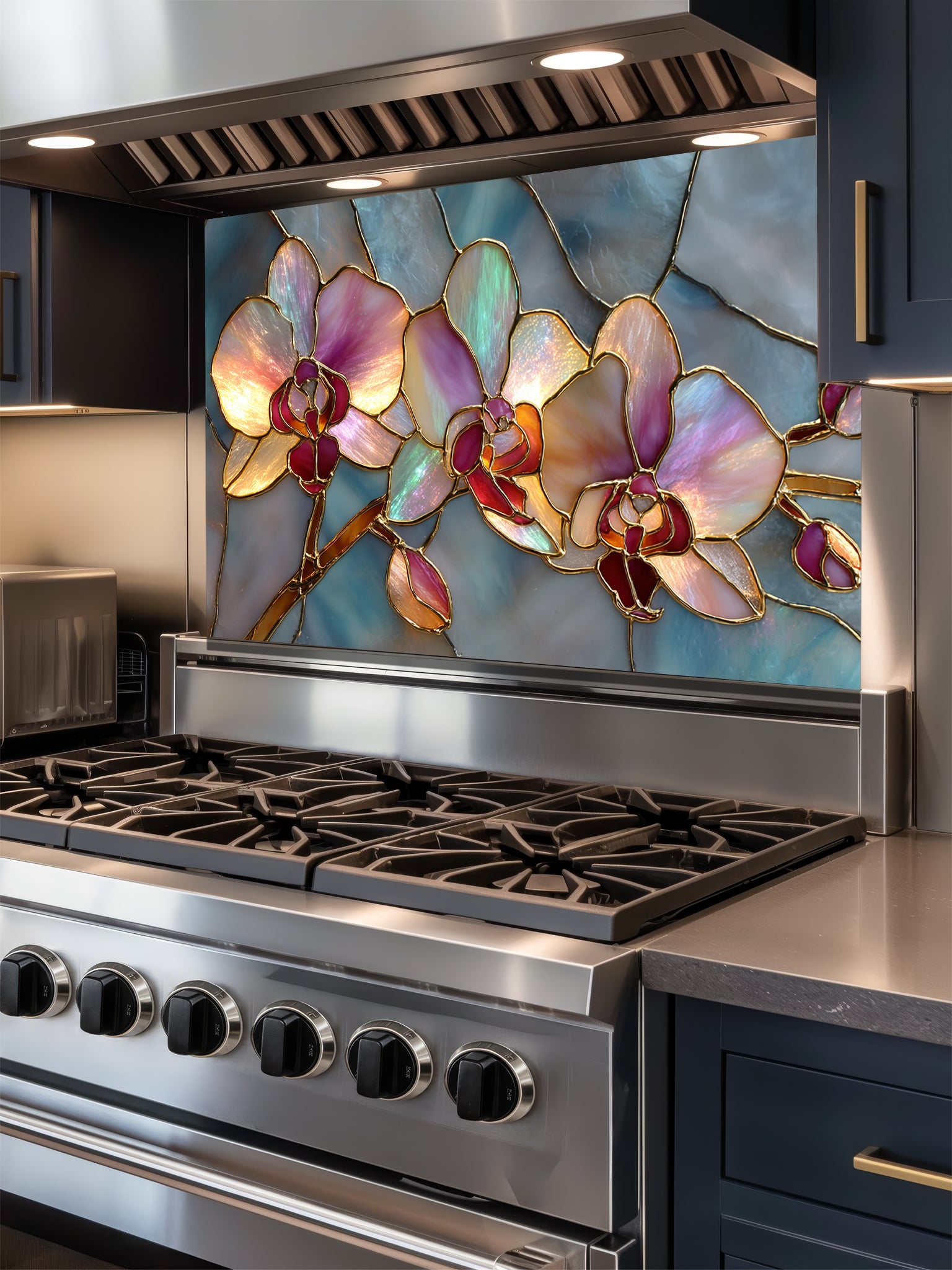 Faux stained glass pattern featuring glowing pink and magenta orchids with gold outlines against a swirling teal and blue mosaic background, UV printed on a smooth tempered glass kitchen backsplash.
