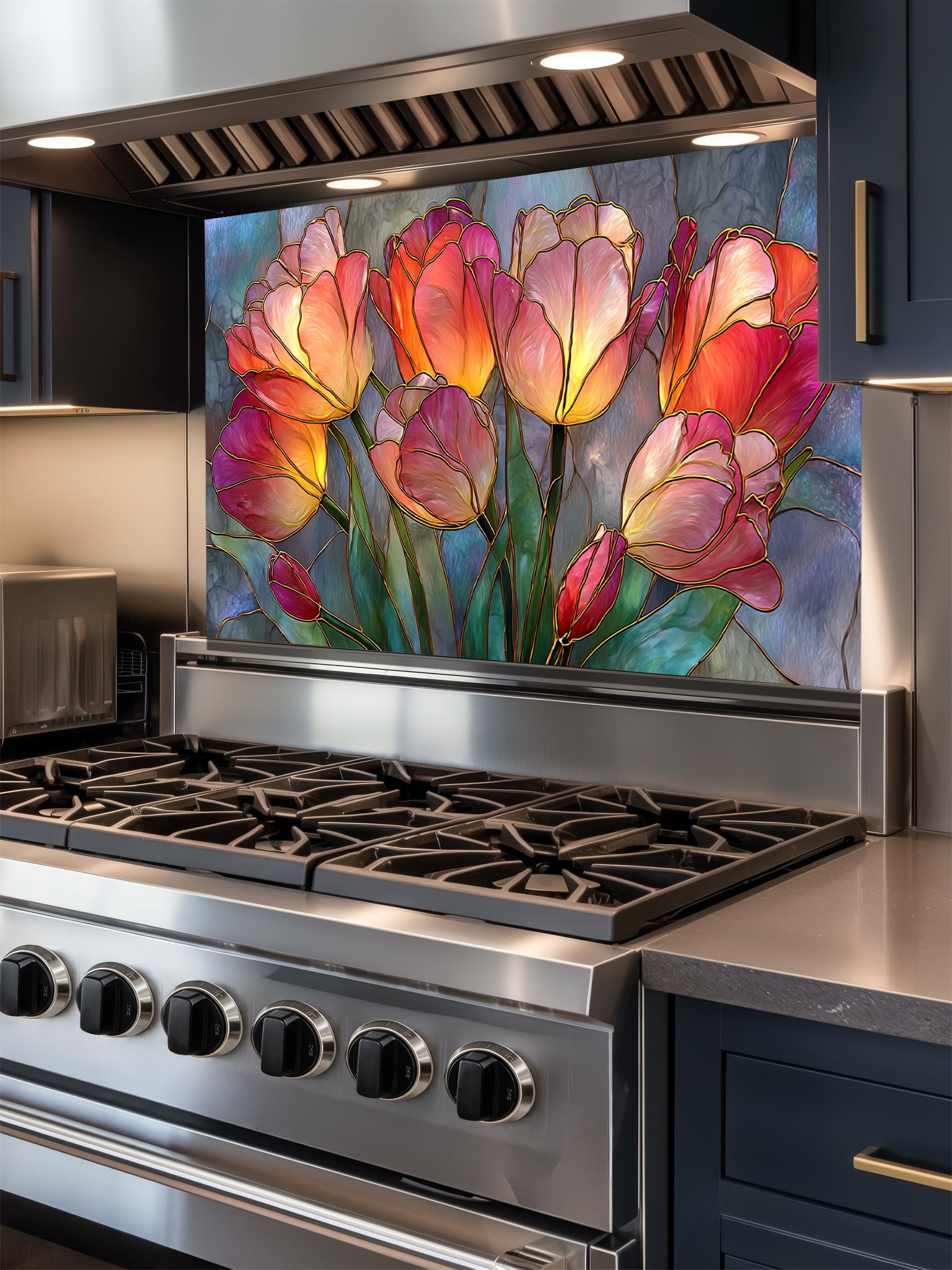 Stained glass style blooming tulips in vibrant red, orange, yellow, and pink on a textured blue background, UV printed on a smooth tempered glass kitchen backsplash, installed behind a modern stove.