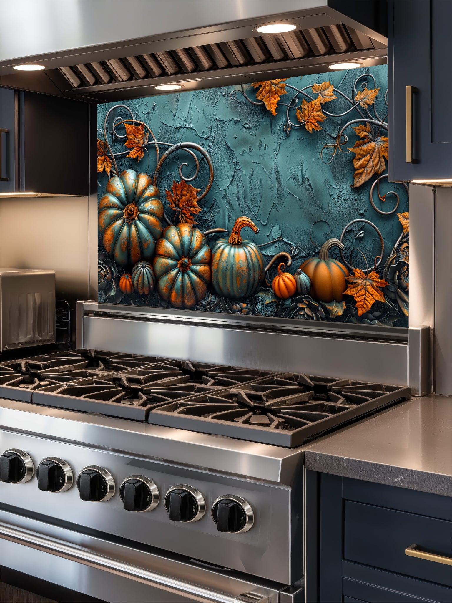 Tempered glass kitchen backsplash featuring a highly realistic 3D illusion of embossed teal and orange pumpkins surrounded by whimsical copper vines and autumn leaves against a textured dark teal background, installed behind a modern black stove.
