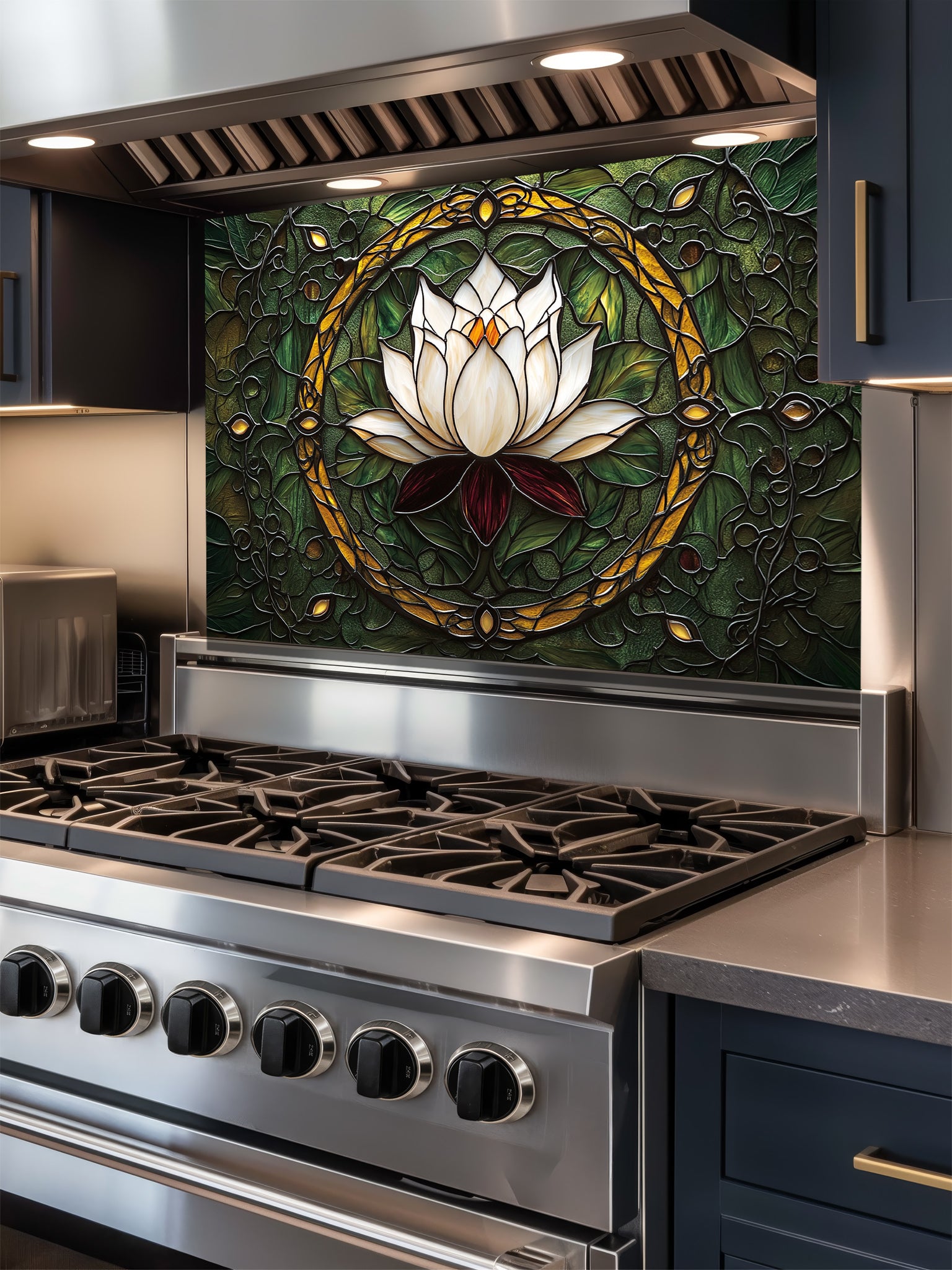 Stainless steel stove with decorative lotus flower backsplash in a kitchen setting