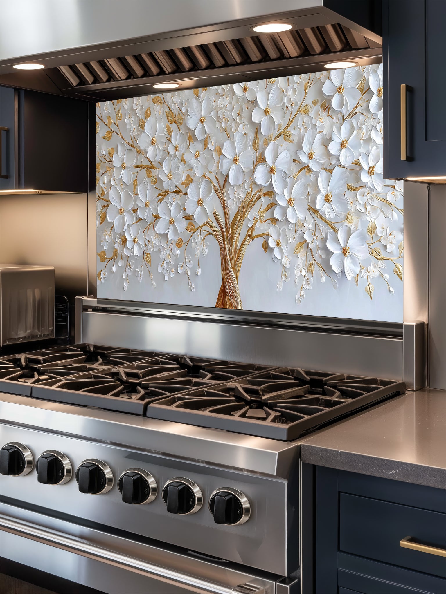 Faux 3D impasto style painting of a white floral tree with heavy gold accents on a crisp white background, UV printed on a smooth tempered glass kitchen backsplash.