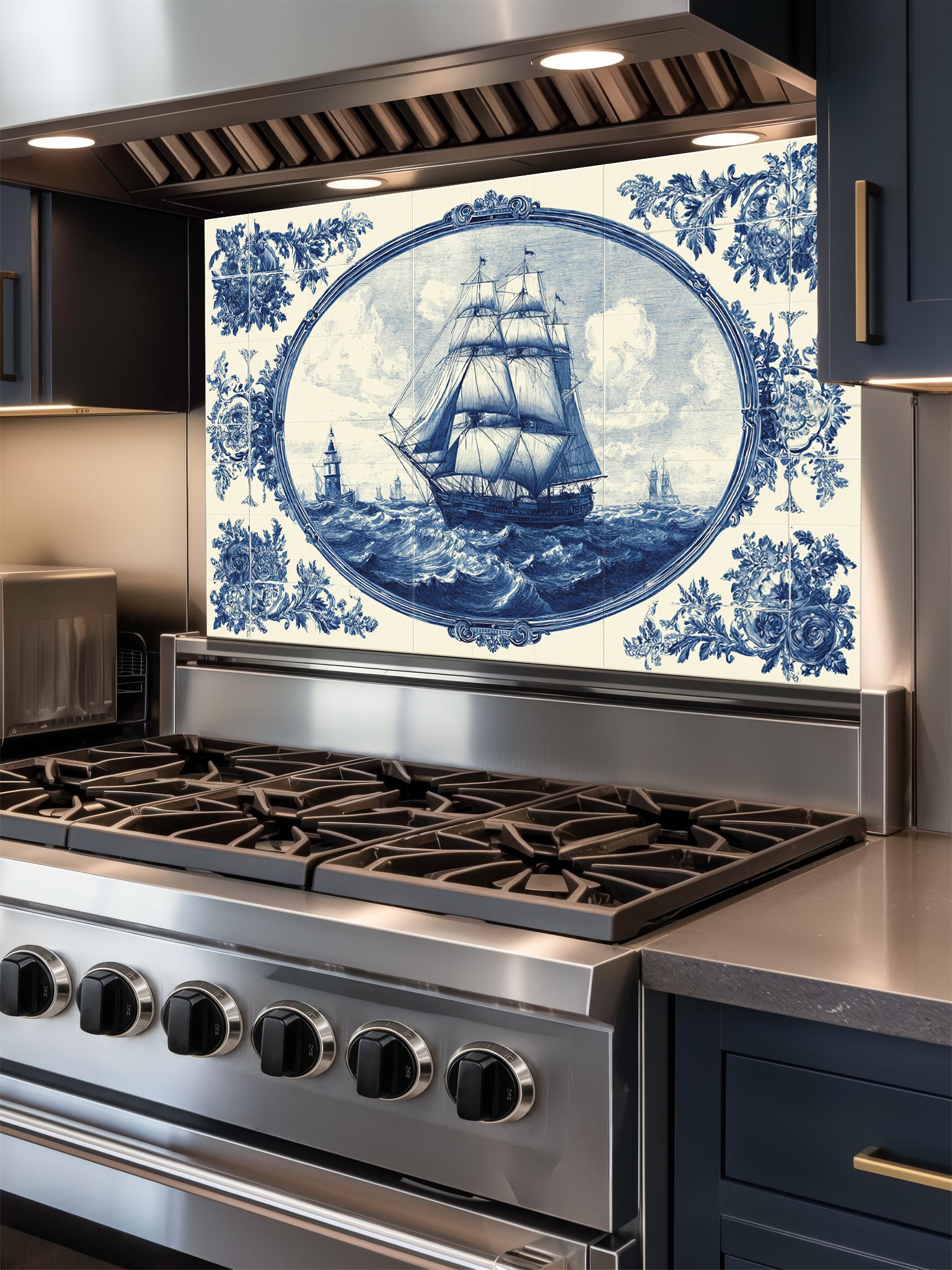 Faux blue and white Portuguese Azulejo tile mural featuring a classic sailing ship on the ocean, UV printed on a smooth tempered glass kitchen backsplash.