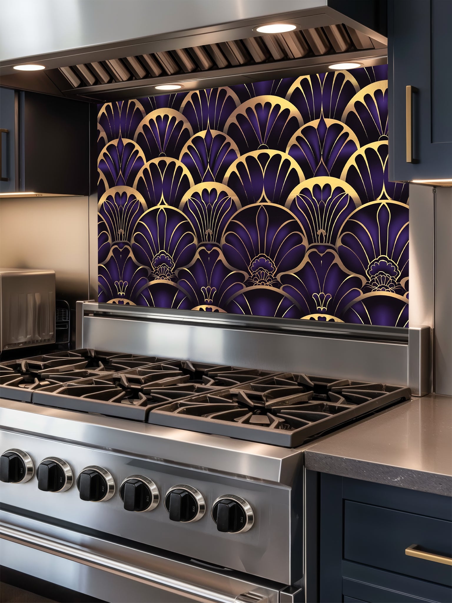Tempered glass kitchen backsplash featuring a highly realistic 3D illusion of an Art Deco geometric scalloped fan pattern in luxurious royal purple and faux gold metallic outlines, installed behind a modern black stove.