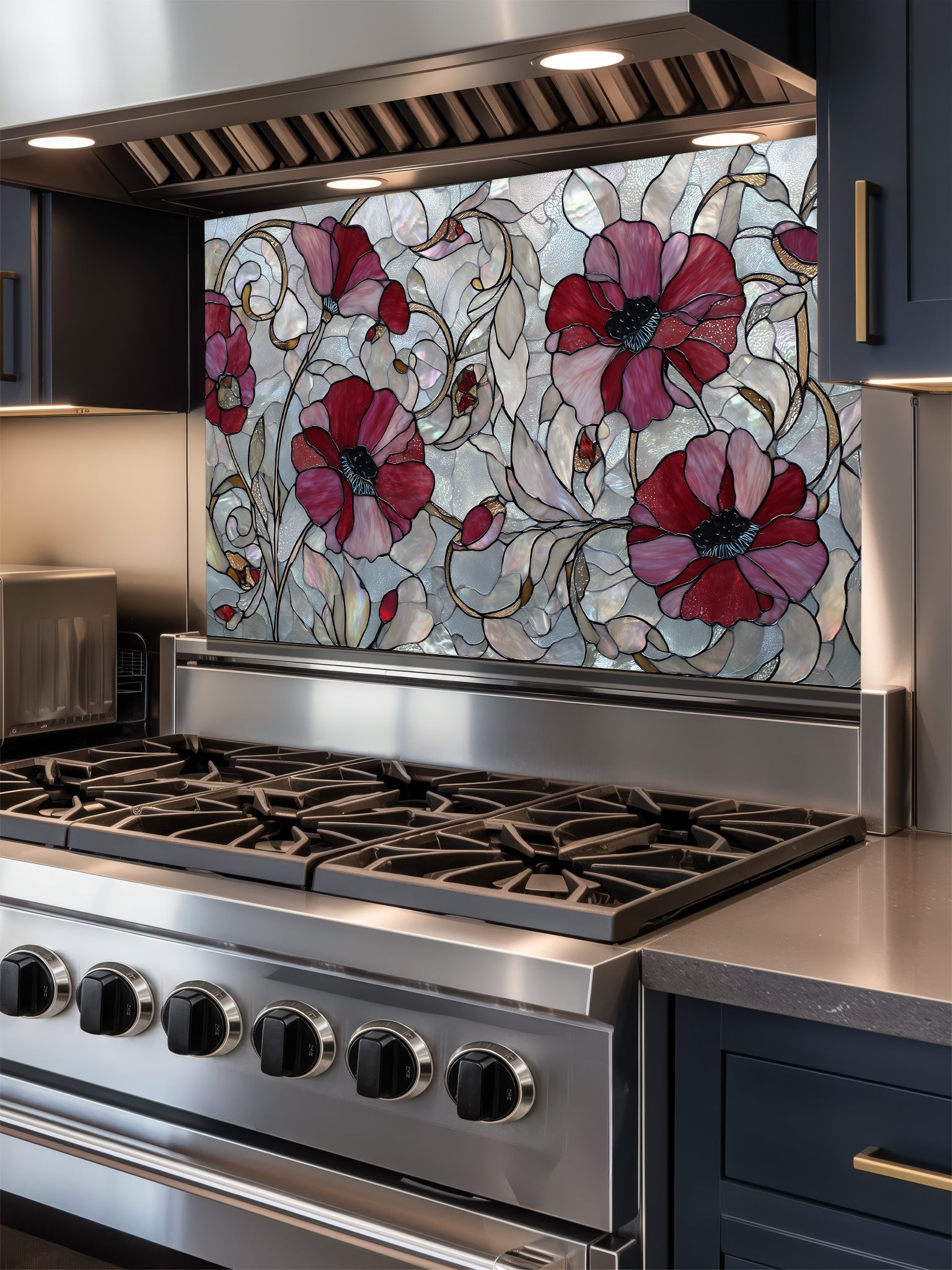 Faux stained glass pattern featuring deep crimson red poppy flowers and swirling vines against an iridescent mother-of-pearl mosaic background, UV printed on a smooth tempered glass kitchen backsplash.