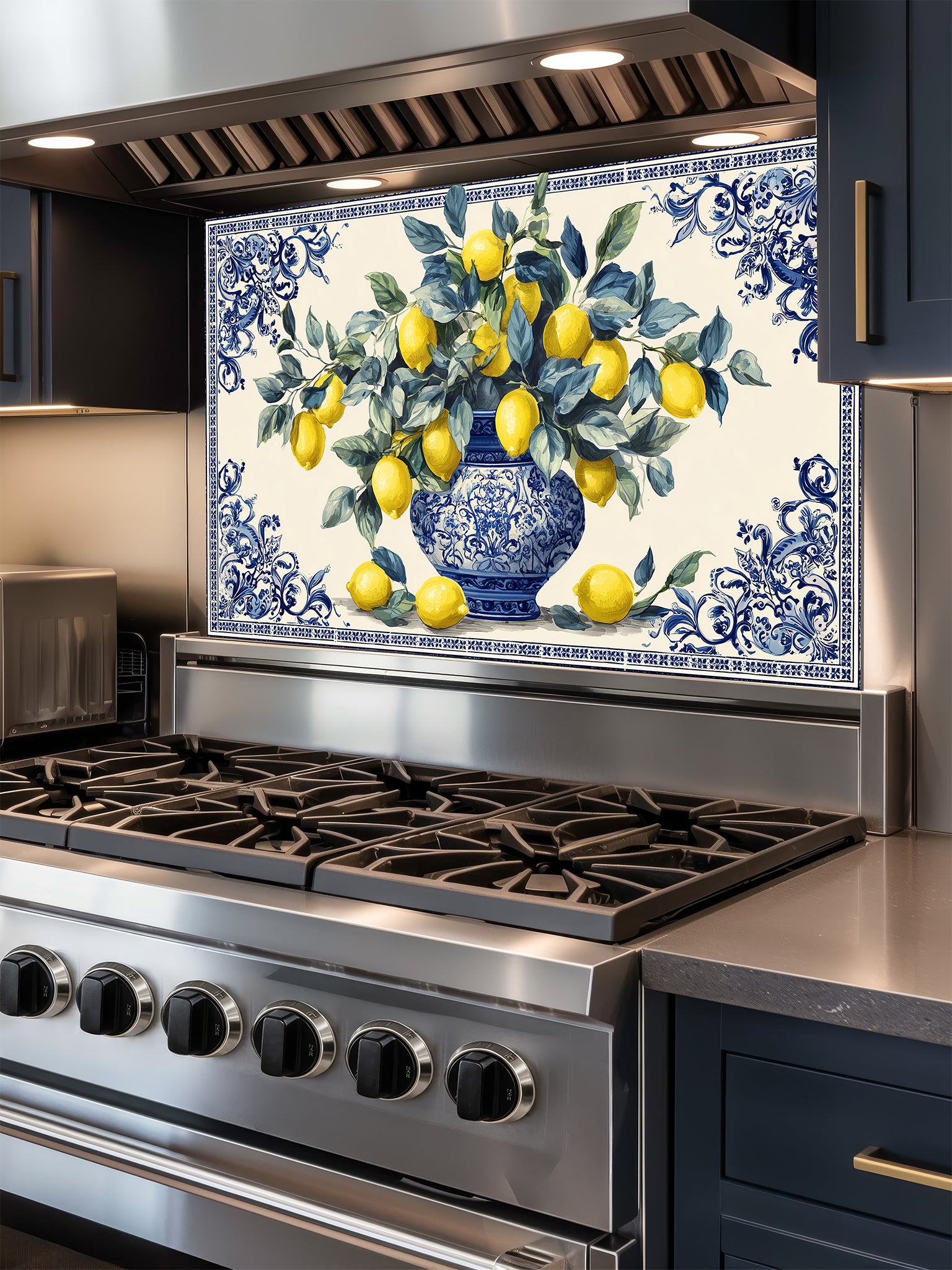 Tempered glass kitchen backsplash featuring a vibrant Mediterranean design with yellow lemons and green leaves in an ornate blue and white porcelain vase, framed by a classic Azulejo-style tile border, installed behind a modern stainless steel stove.